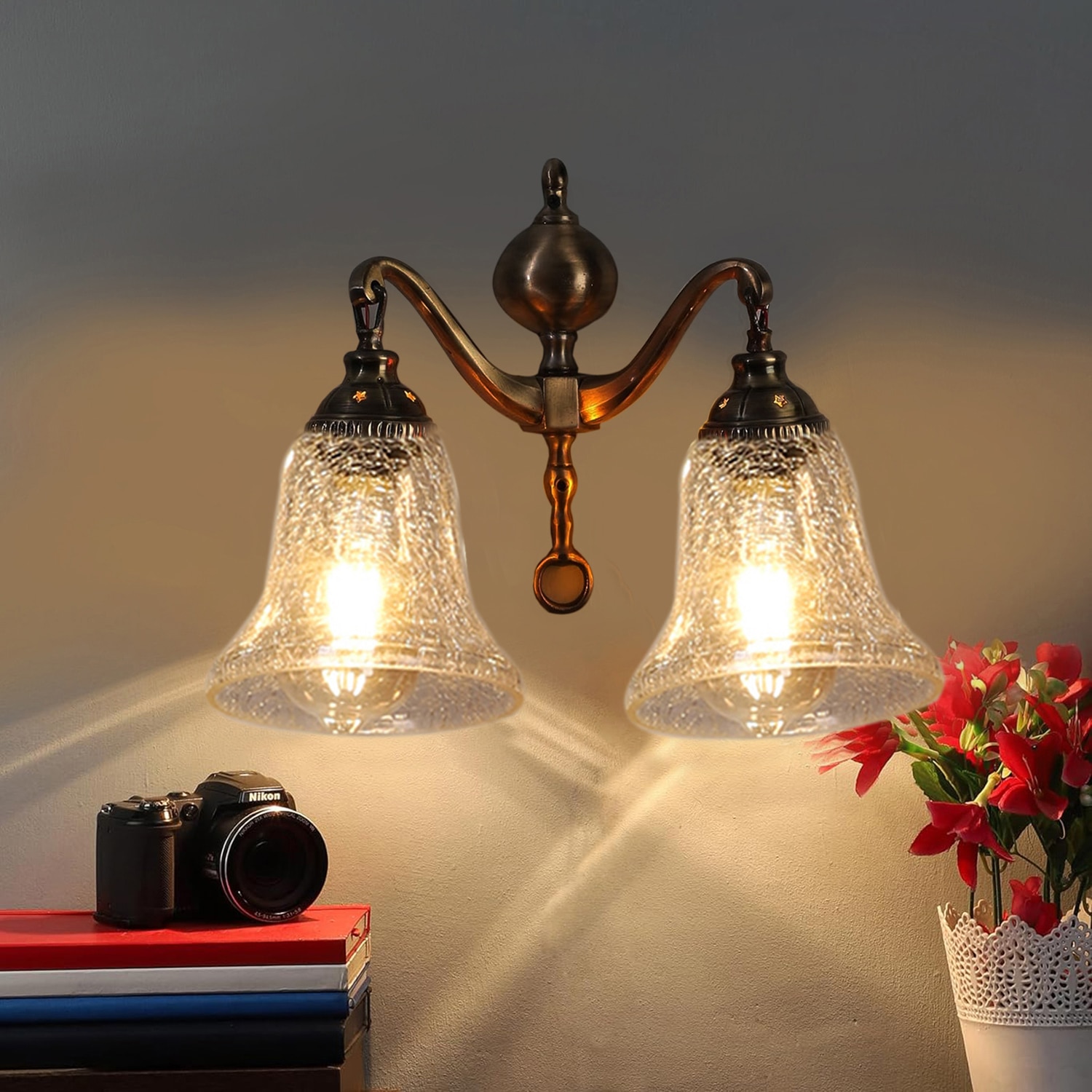 Devansh Metal Electric Wall Light in Antique gold Colour with Transparent Shade Count of 2 Lights - Devansh