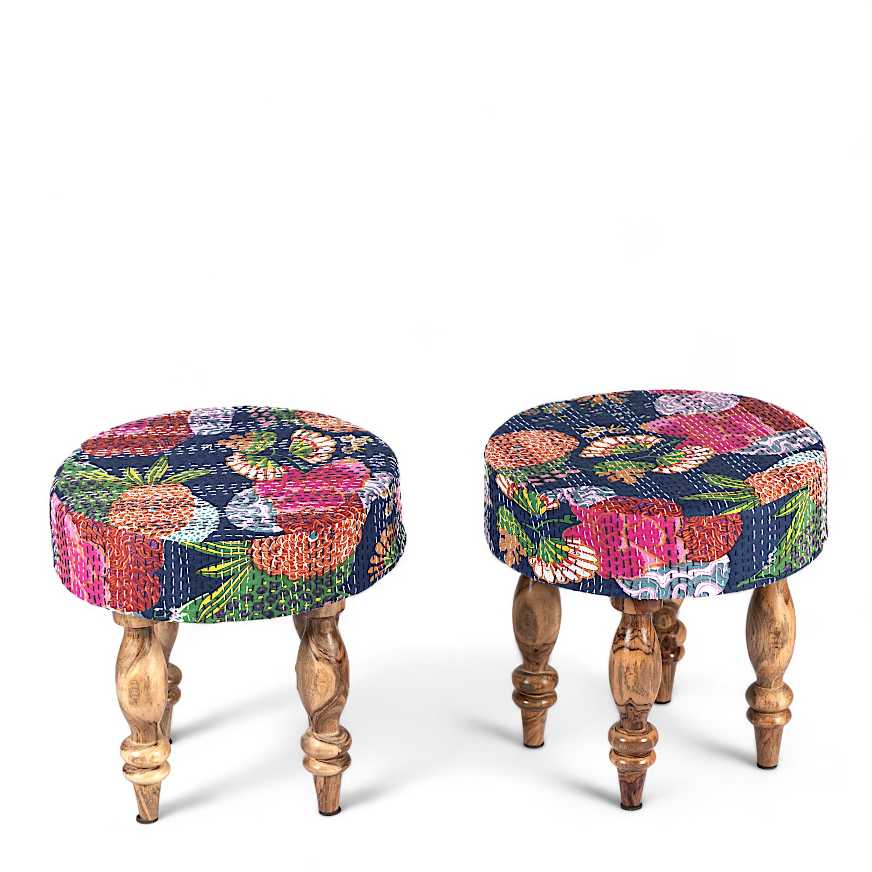 Bestone Sheesham Wood Mid Century 2+1+1 Seater Bench Set With 2 Stools In Fruit Print Blue Kantha