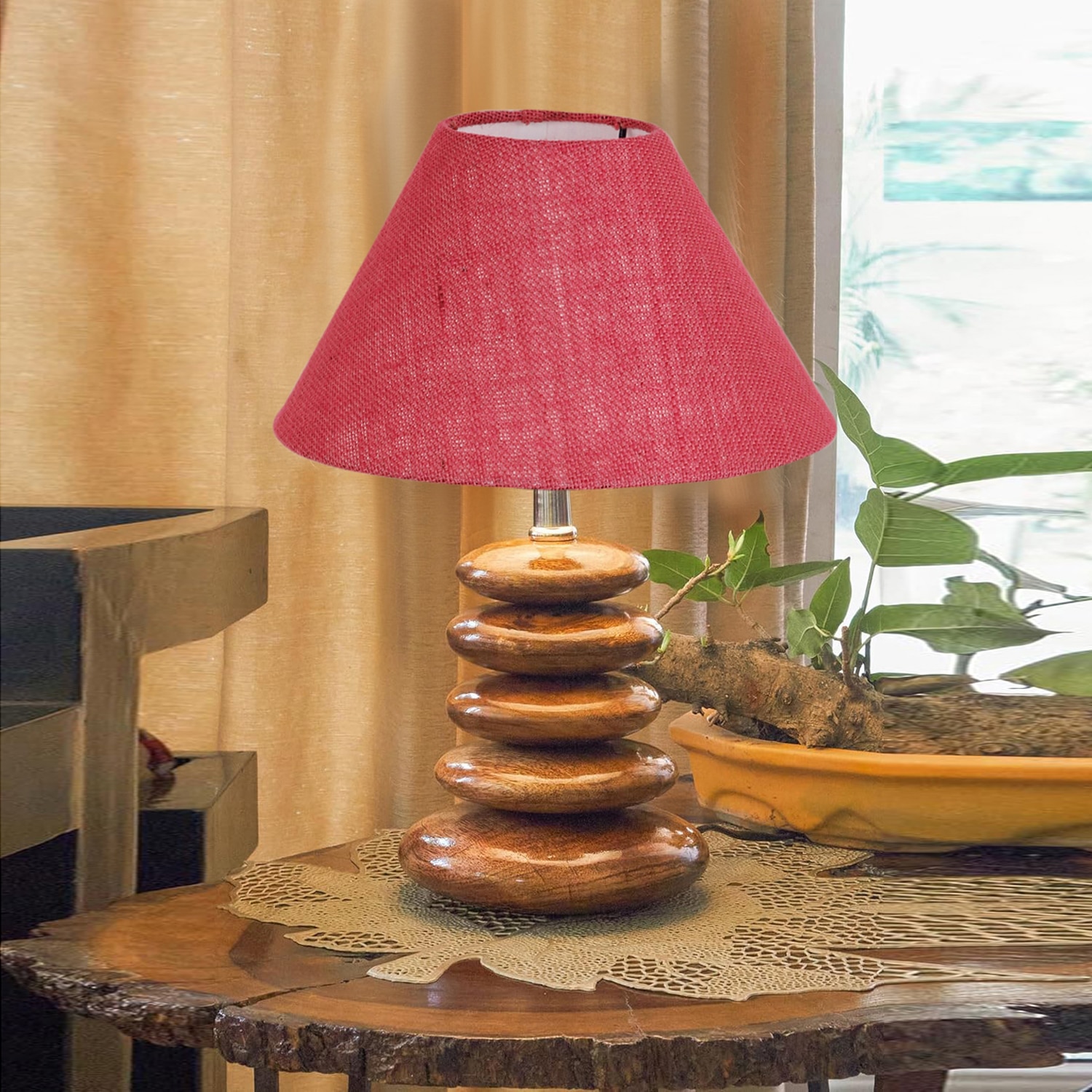 Devansh Pink Jute Table Lamp With Wood  Pebble Lamp  (10X10X15) Inches - Devansh