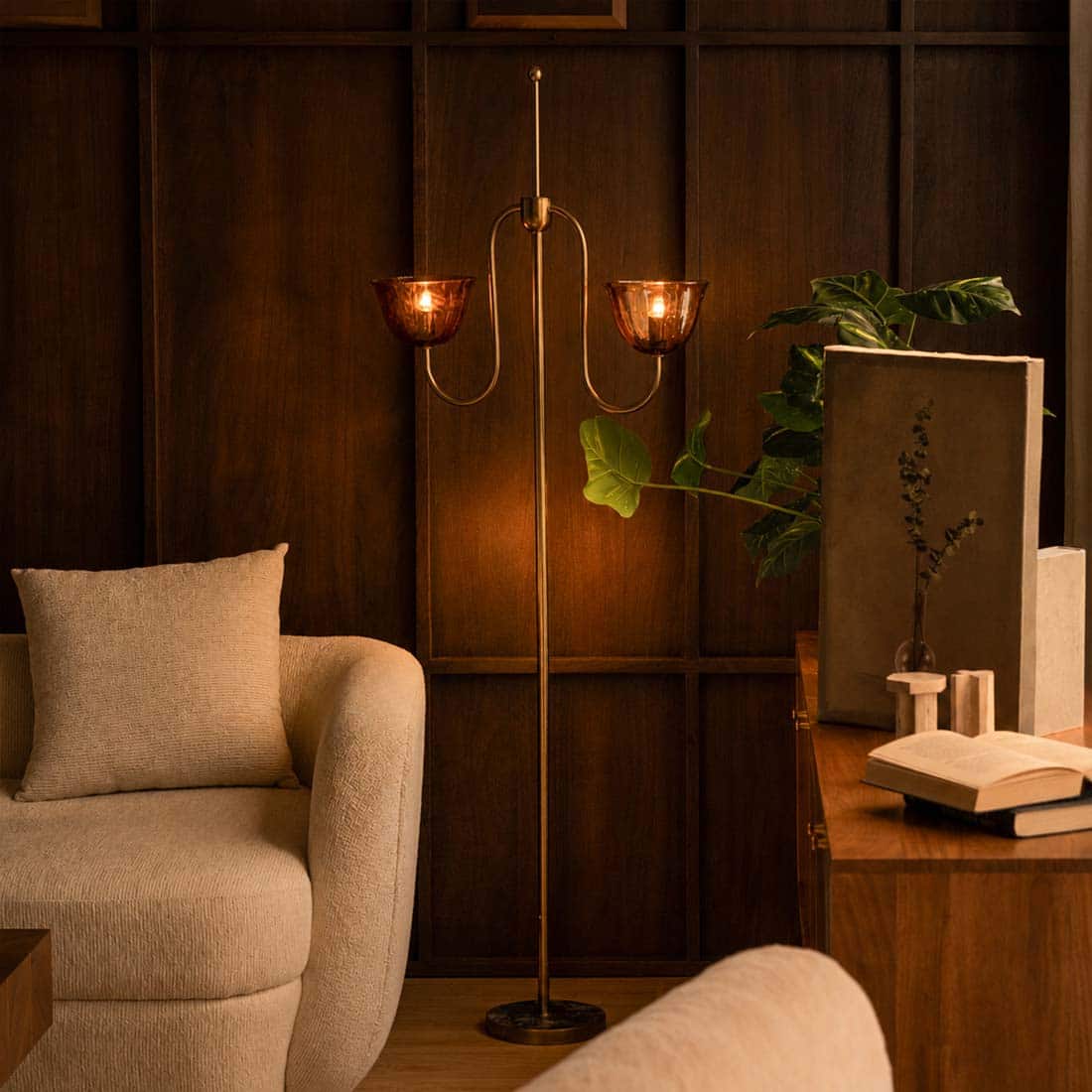 Lior Handicrafted Floor Lamp in Antique Silver Brass finish and Amber Colour - Orange Tree