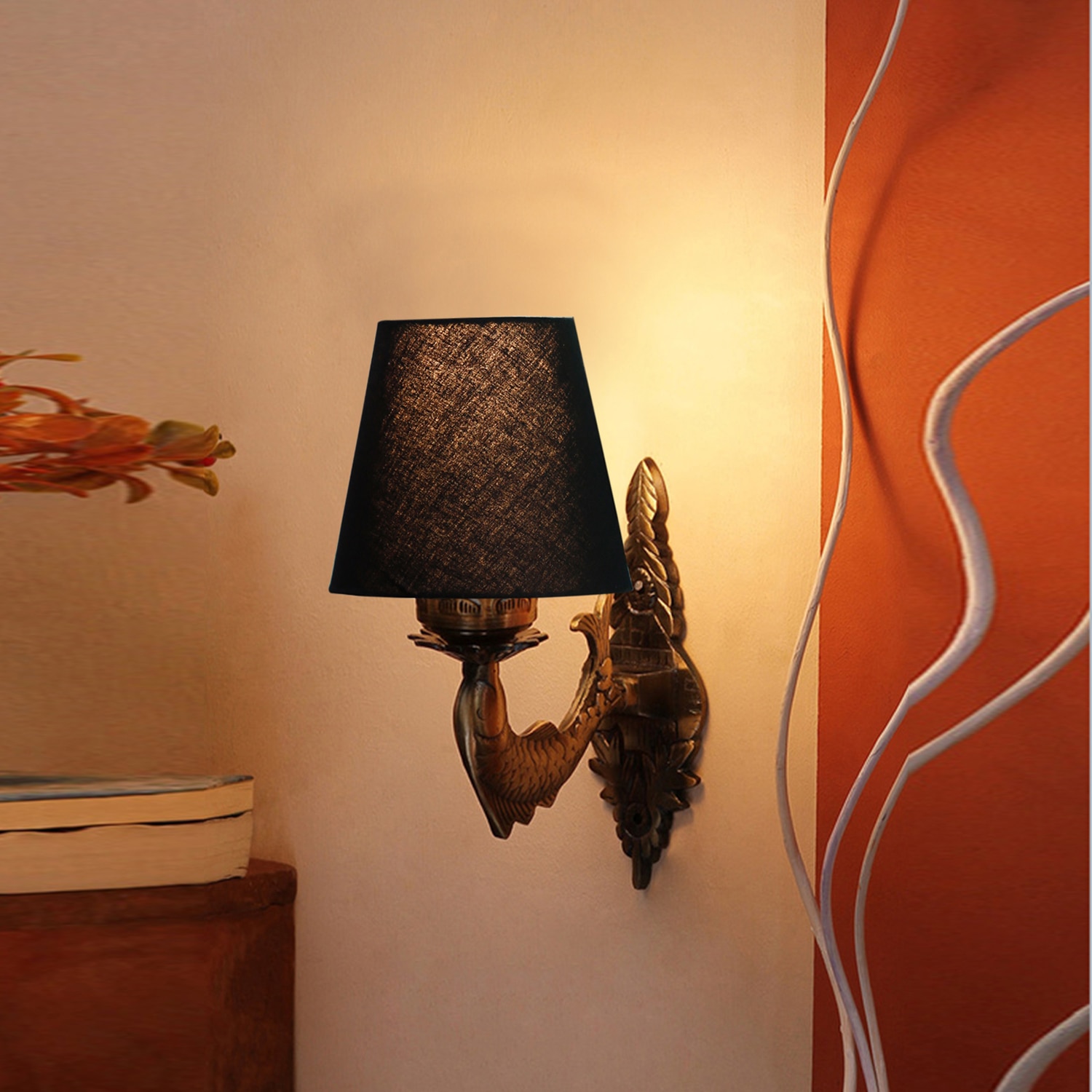 Devansh Metal Electric Wall Light in Antique Gold Colour with Black Shade Count of 1 Light - Devansh
