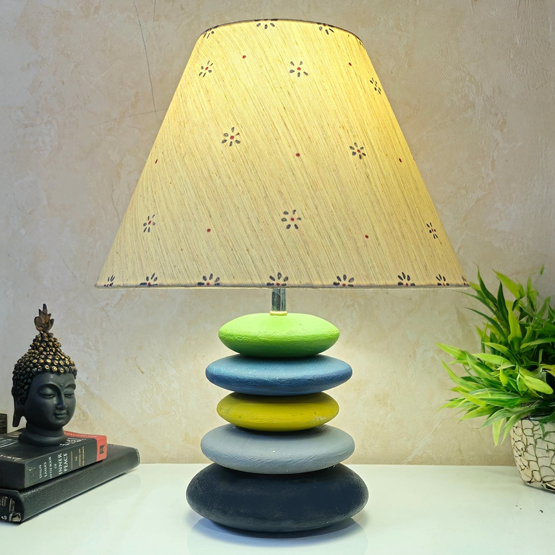 Pebble Dotted Green Yellow Blend Wooden Table Lamp in Multicolor - Disoo Fashions