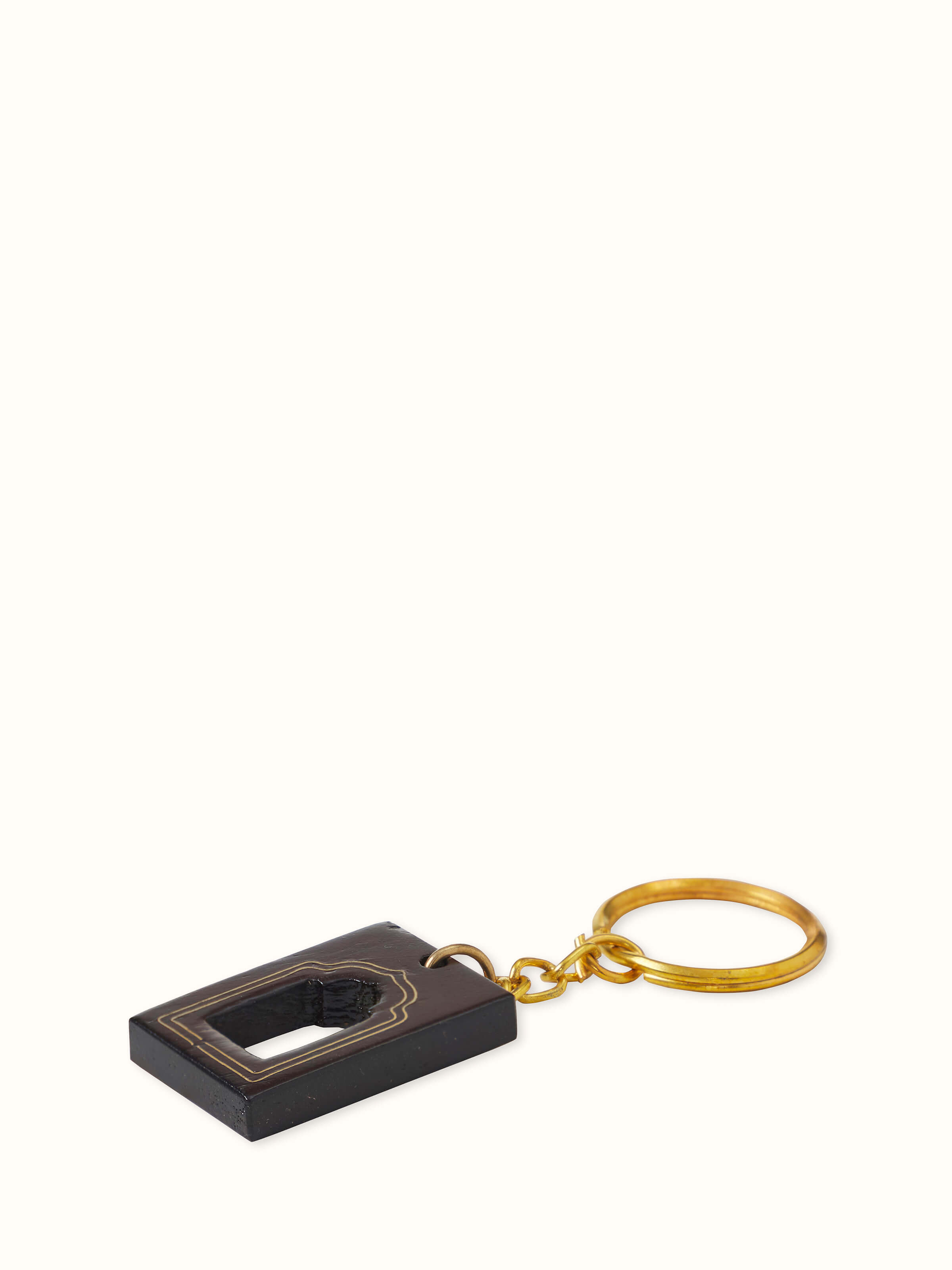 Back view of Tarkashi Sheesham Wood & Brass Arch Keychains by Swadesh emphasizing the intricate woodwork and elegant design.