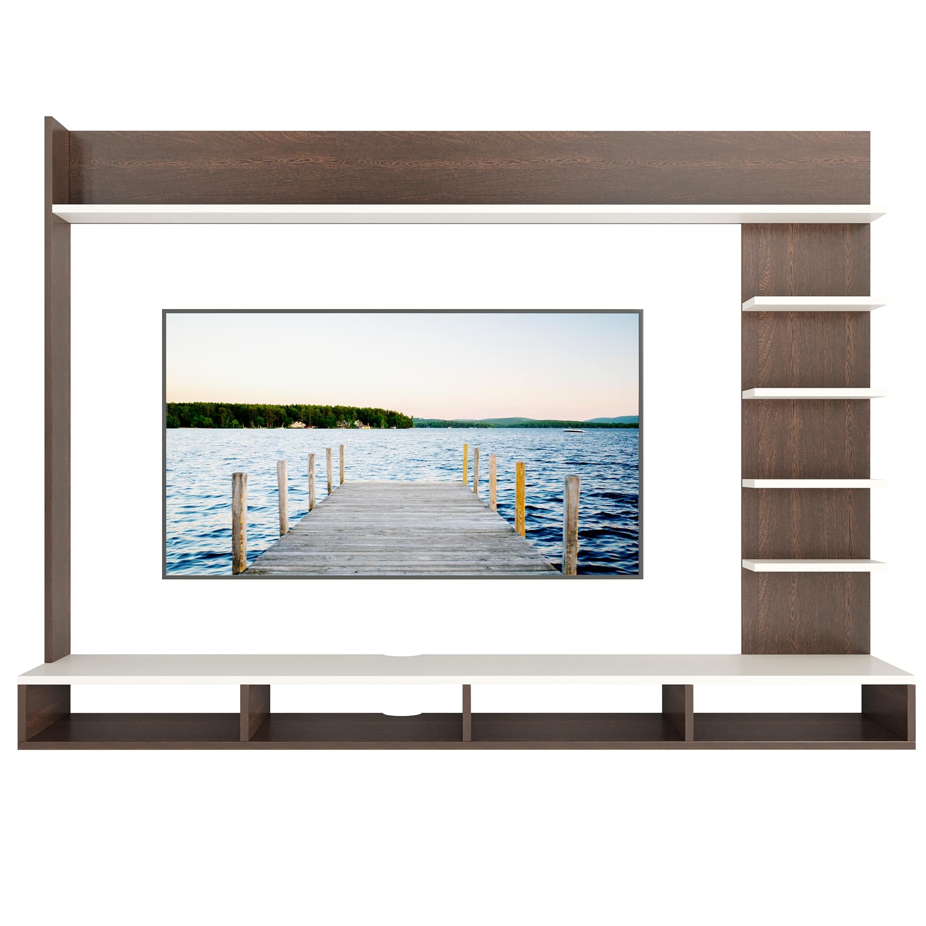 BLUEWUD Primax Grande Large Engineering Wood Wall Mount TV Entertainment Unit Set Top Box Stand/TV Cabinet Panel with Shelves for Books & D�cor Display Unit, Ideal for 50� (Wenge & White)