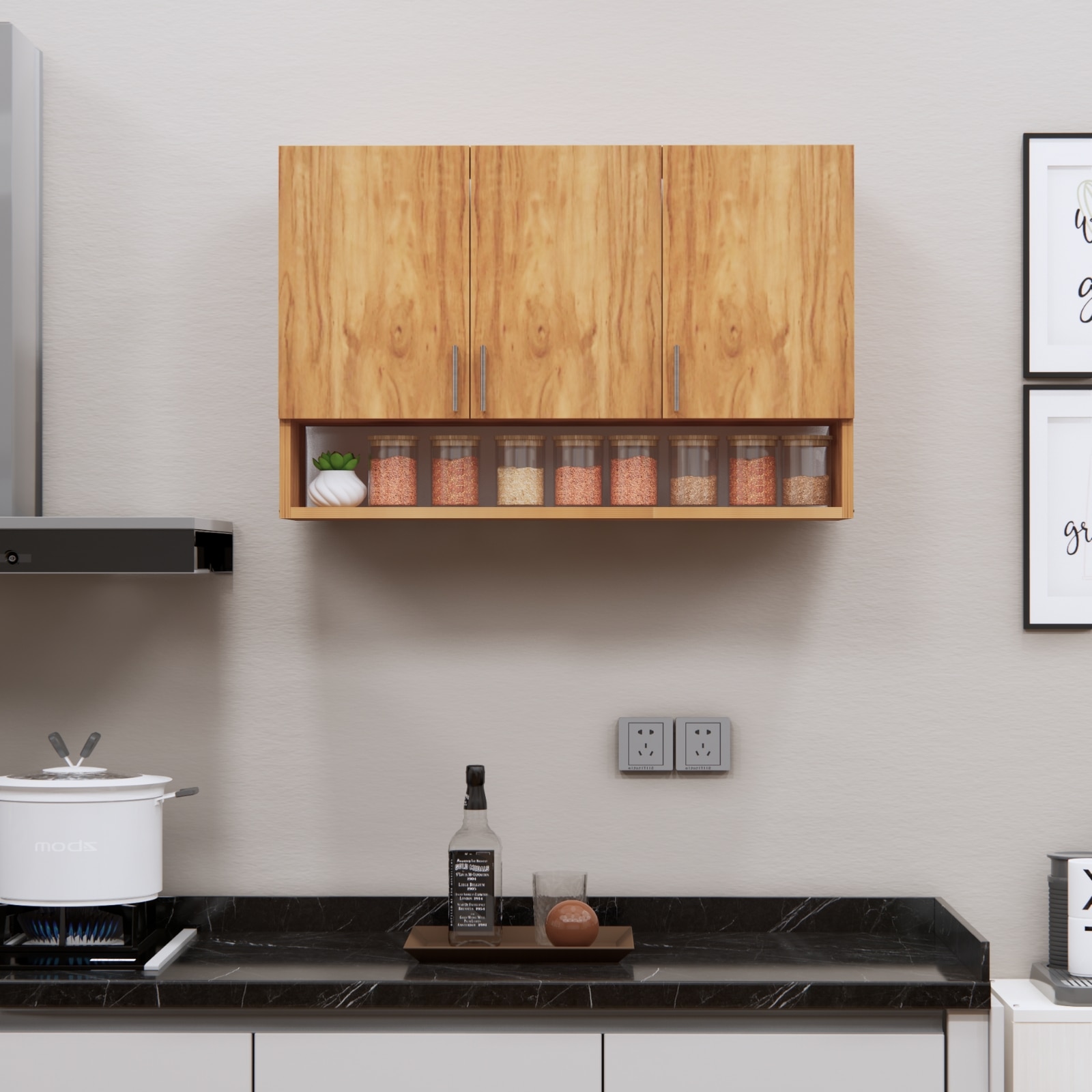 3 Doors Modular Wall Mounted Kitchen Cabinet With Organizer Shelf In Plateau Apple Finish - Speciality Panels