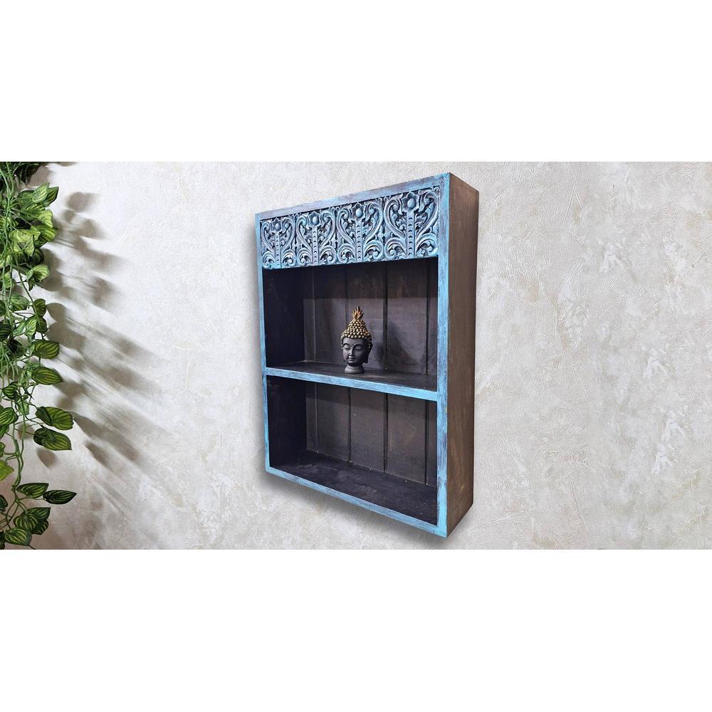 Azov Teal Colour Solid Wood Handcarved Box Style Floating Wall Shelf with compartment