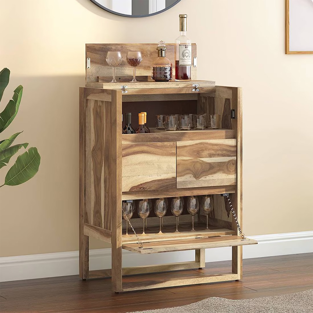 Macallan Solid Wood Bar Cabinet (Honey Oak Finish) - Urban Ladder