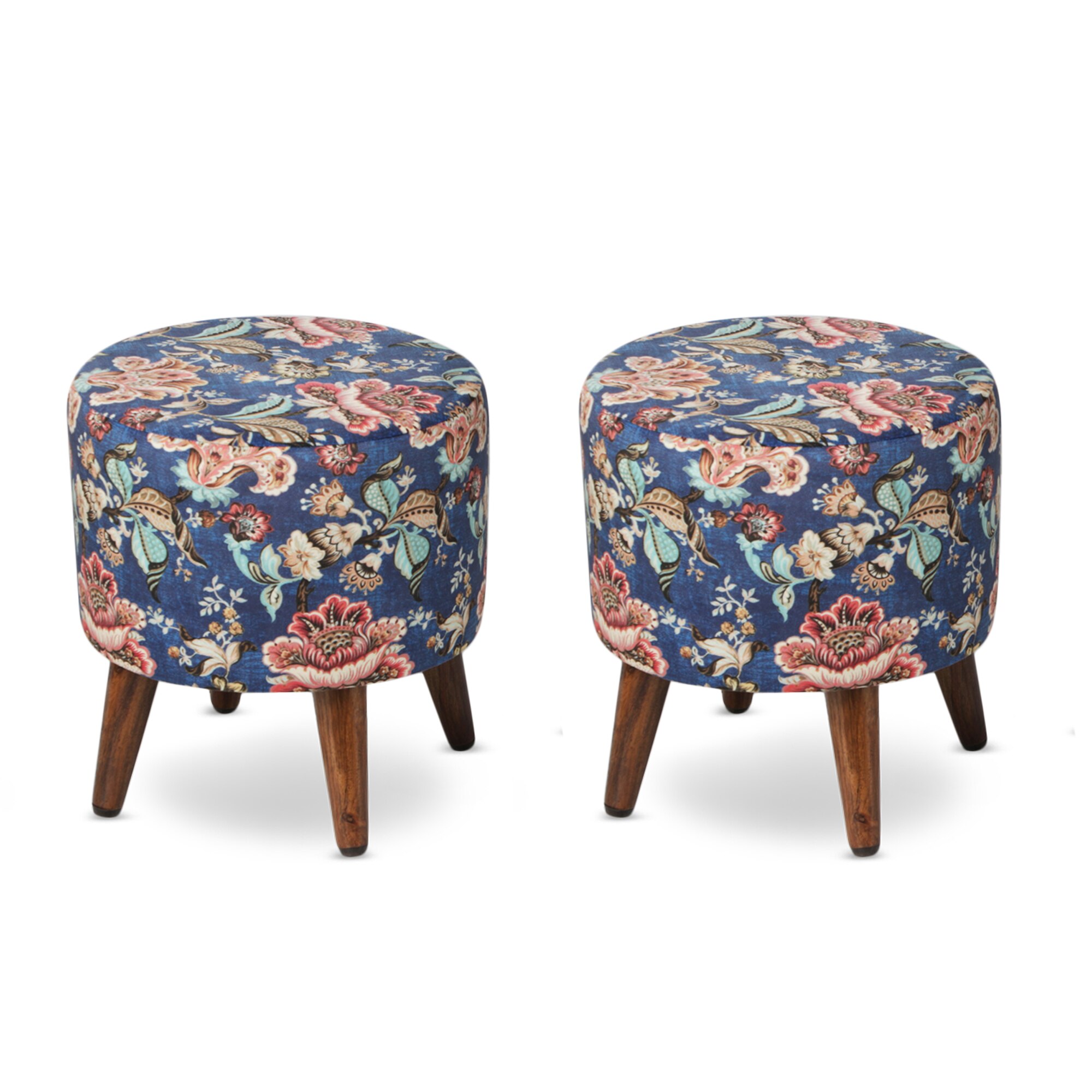 Josiah Solid Wood  Ottomon in  Blue Colour