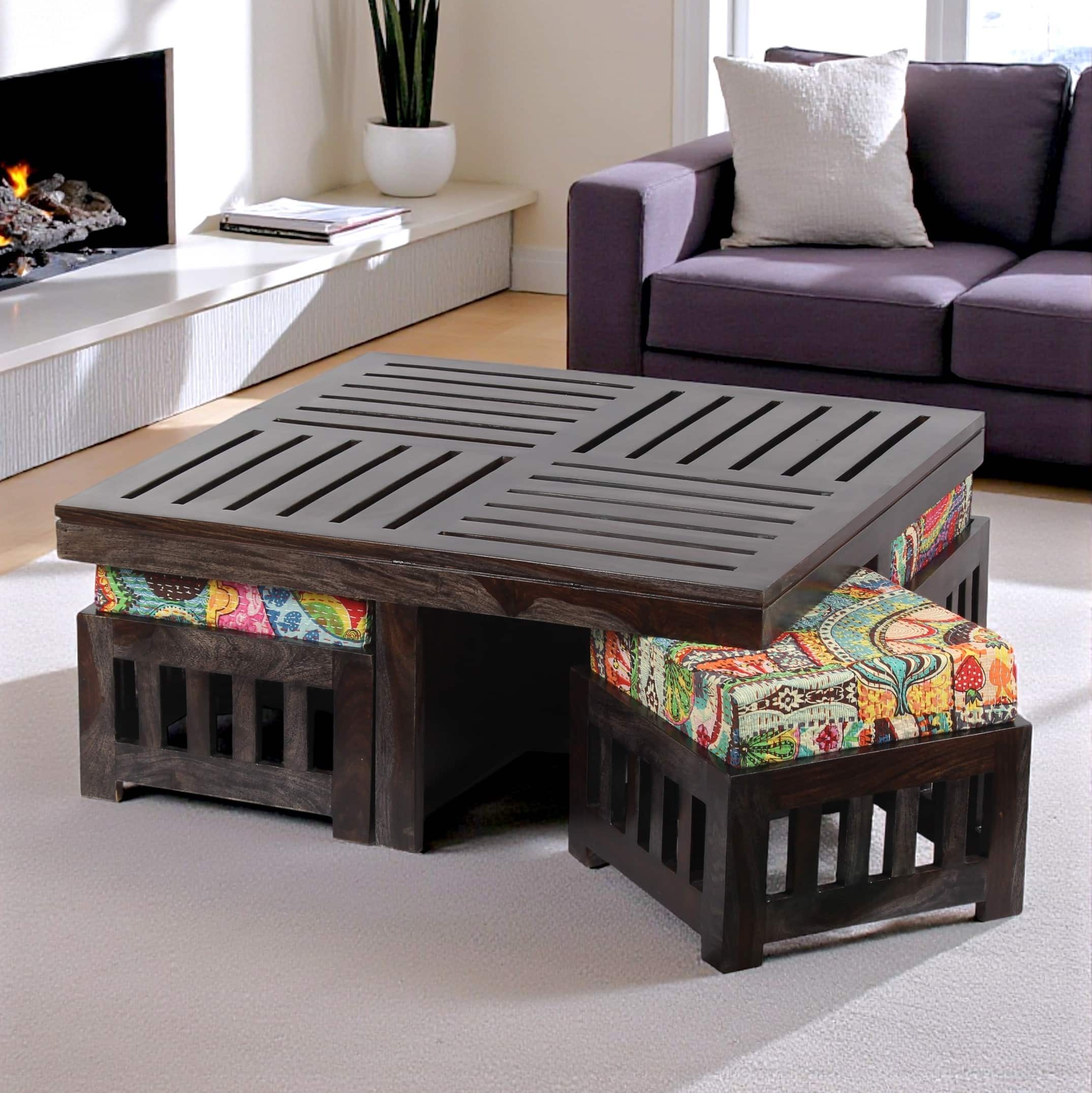 Palladio Sheesham Wood Coffee Table With 4 Stools Set In Mahogany Finish & Multi Colour Israel Print Kantha Fabric Cushions