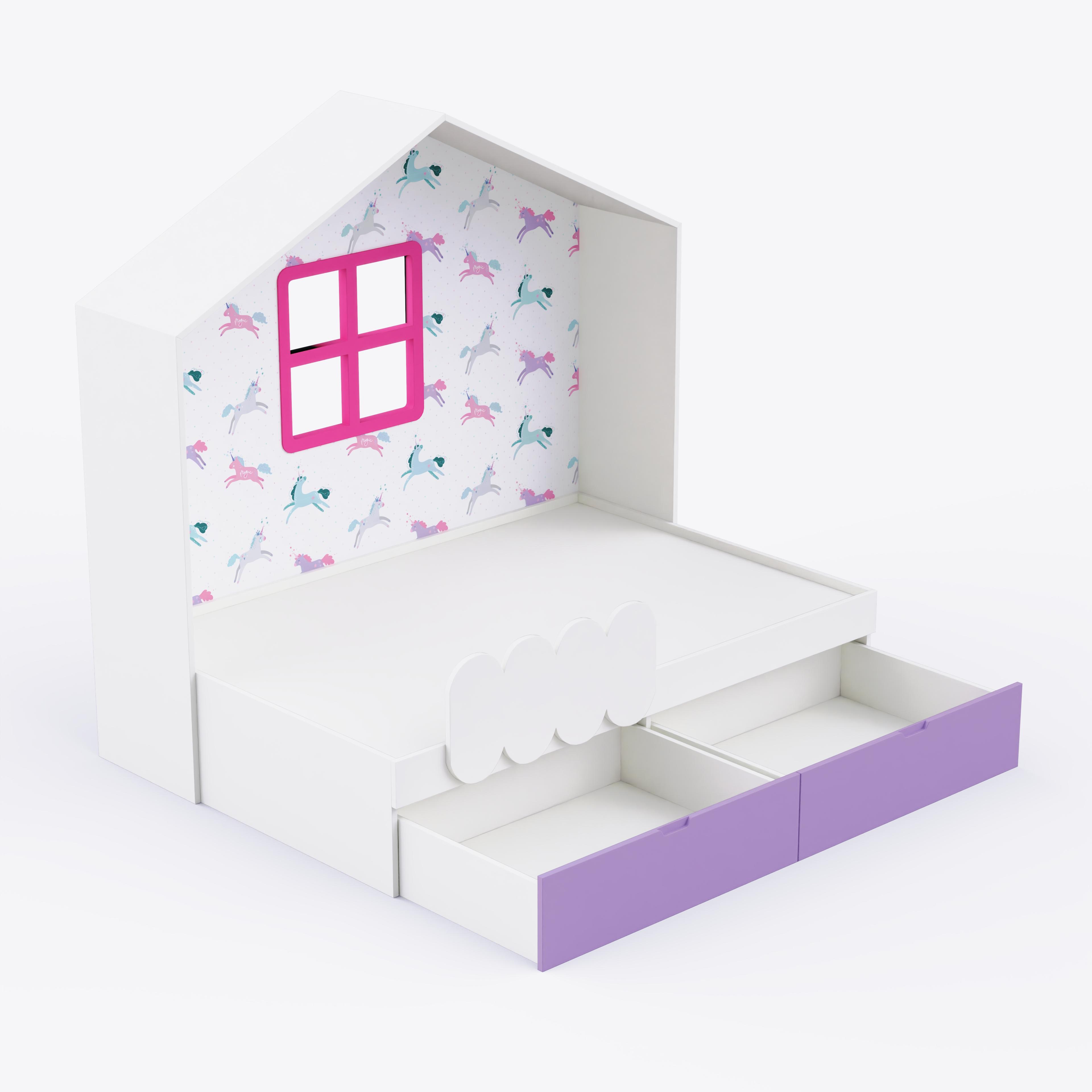 Little Hut Bed  6X3 ( Drawers On Wheels) In White & Purple Colour