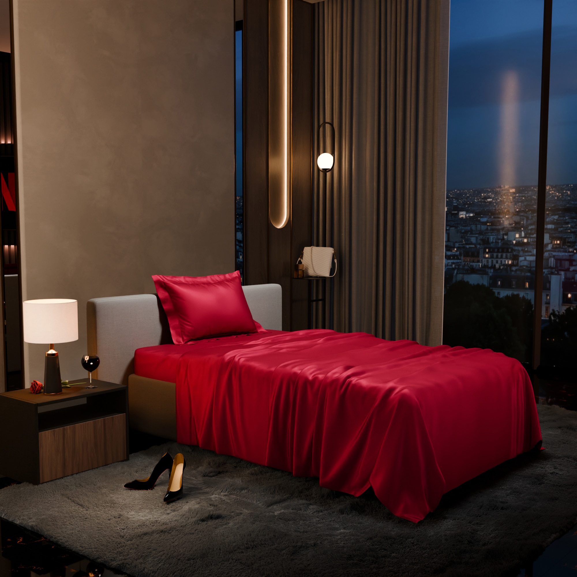 Stoa Paris 300 TC Satin Bedsheet Single Bed with Pillow Covers in Flirty Red - Stoa Paris