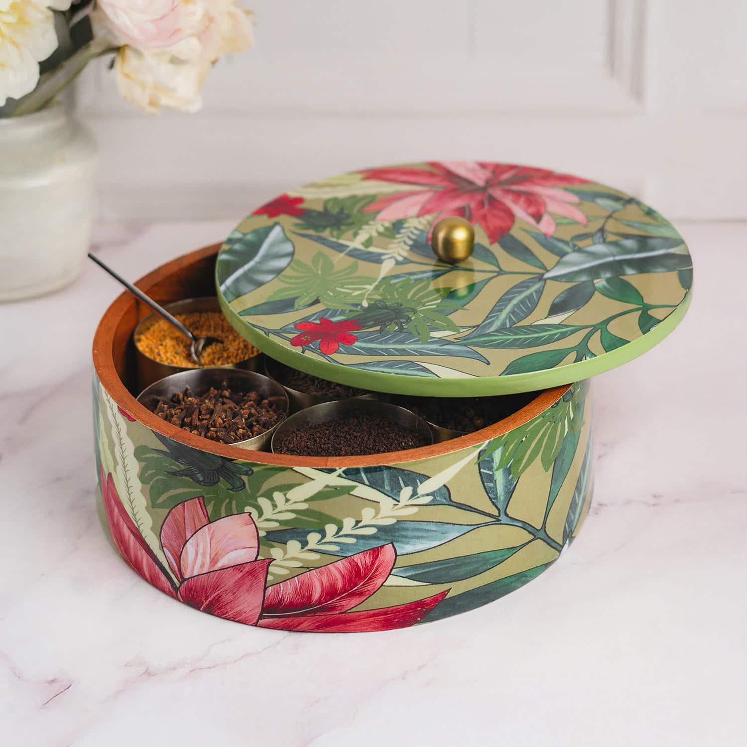 Inscribe Acacia Wood Masala Box Floral Silver