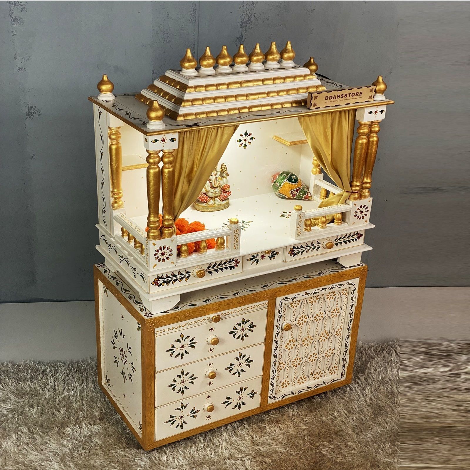 D'Dass Yellow Mdf and Sheesham  Wall Hanging Wooden Temple For Pooja