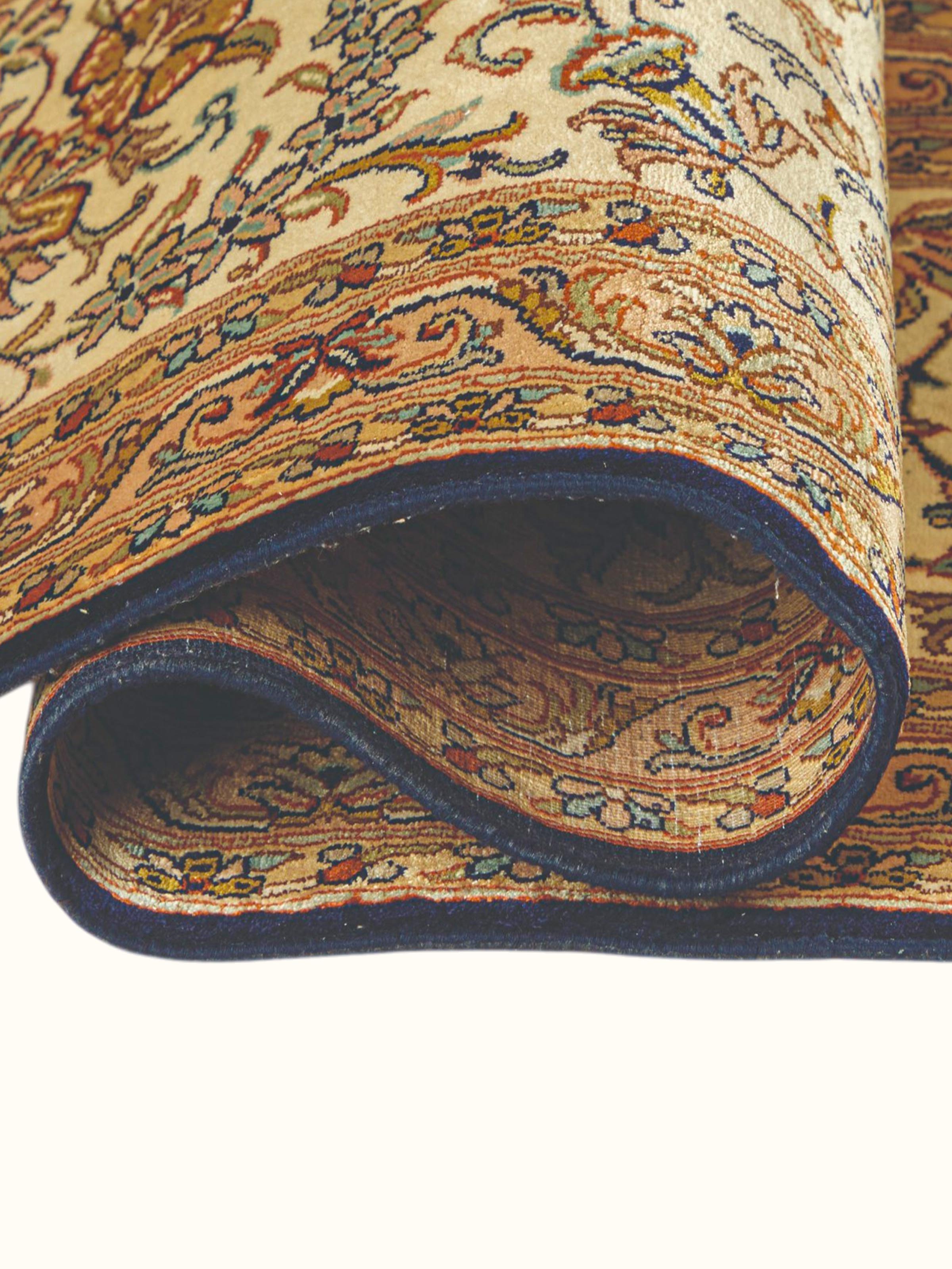 Traditional Persian Navy Ivory Kashan Kashmir Silk Hand-Knotted Carpet