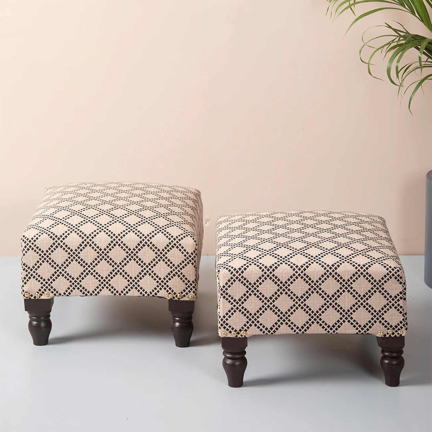 Quad Jacquard Wooden Footrests in Cream Color Set of 2 - Nestroots