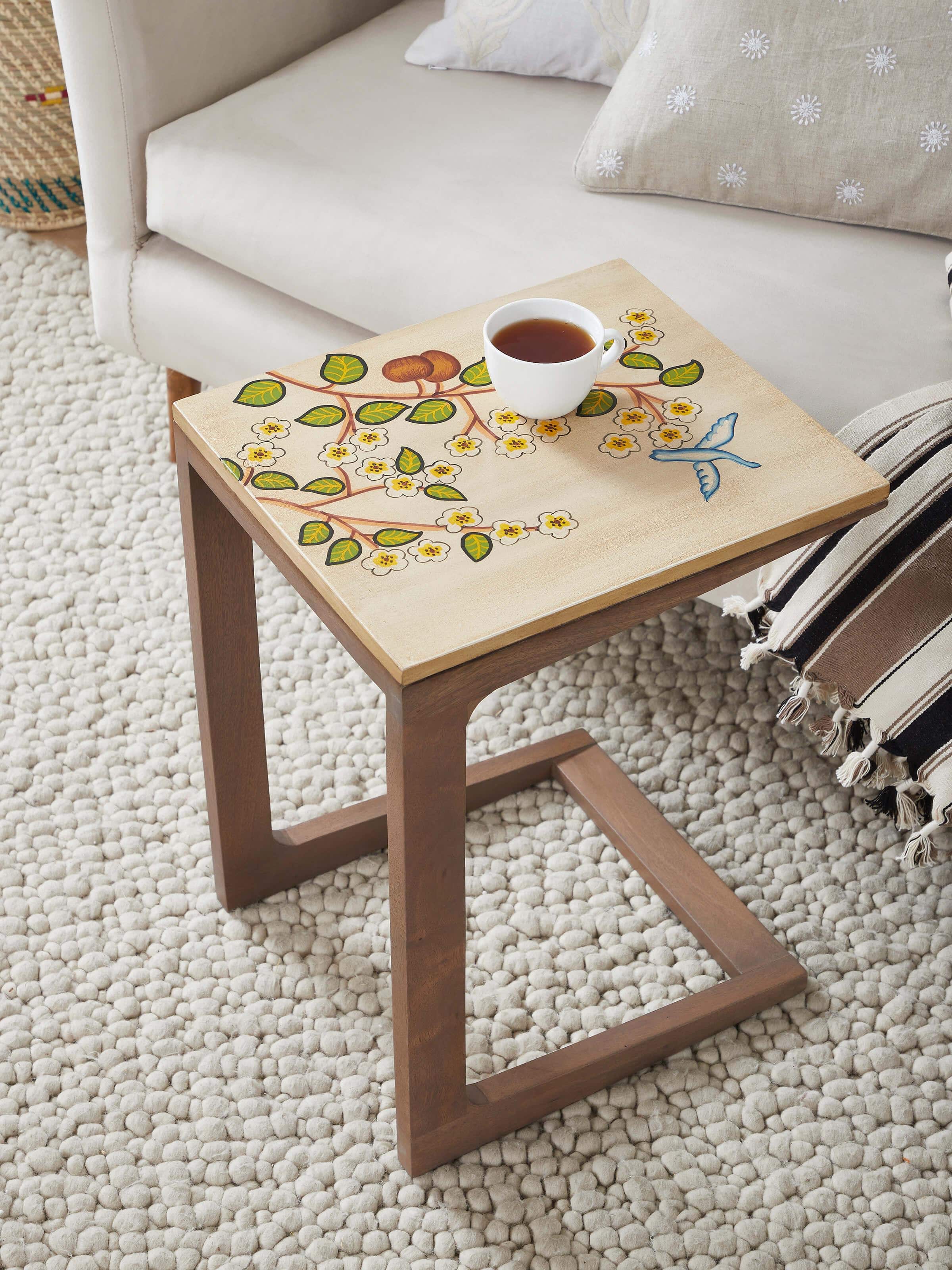 Side view of mango wood miniature painting portable table showcasing the artwork