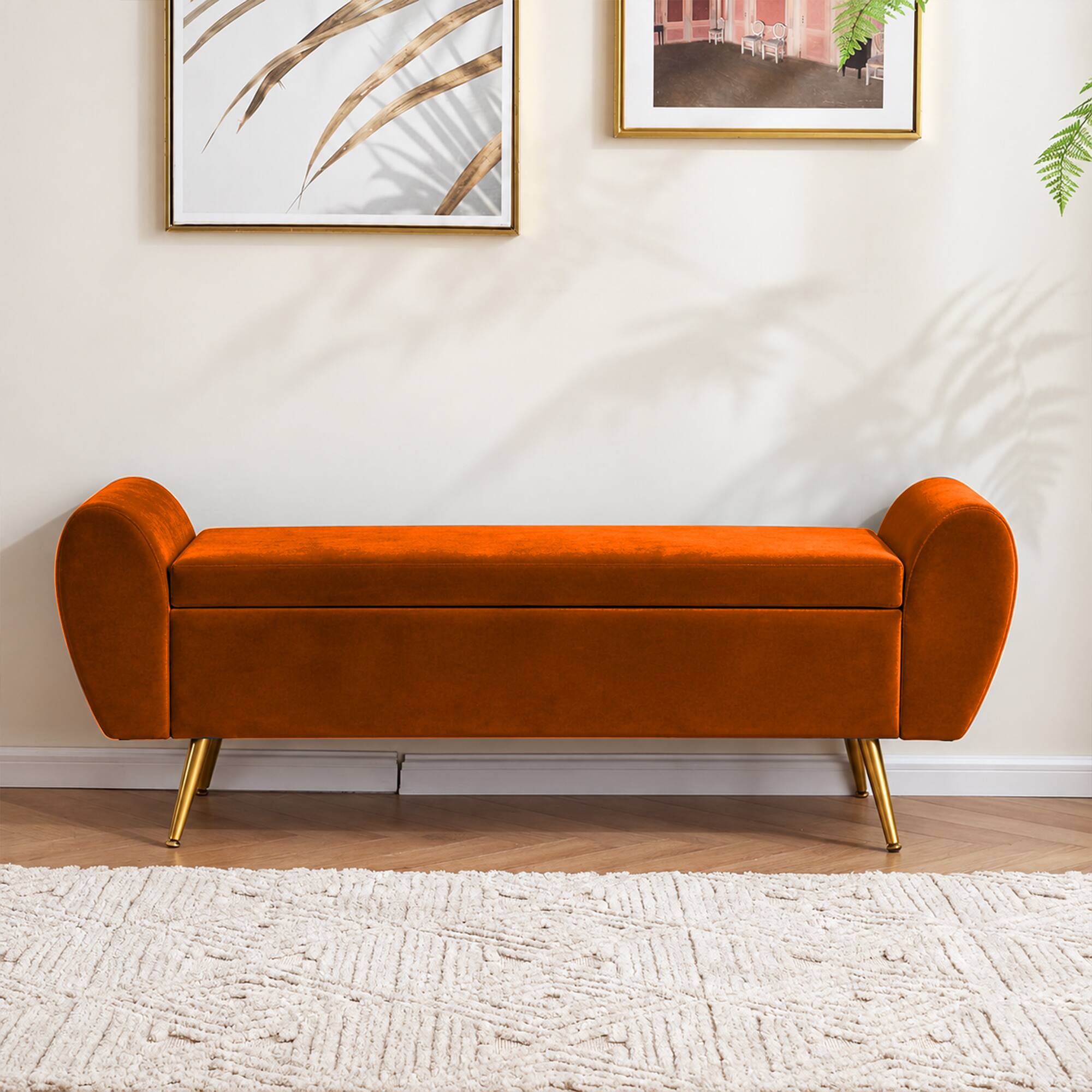 Melore Velvet Ottoman With Storage in Orange Color