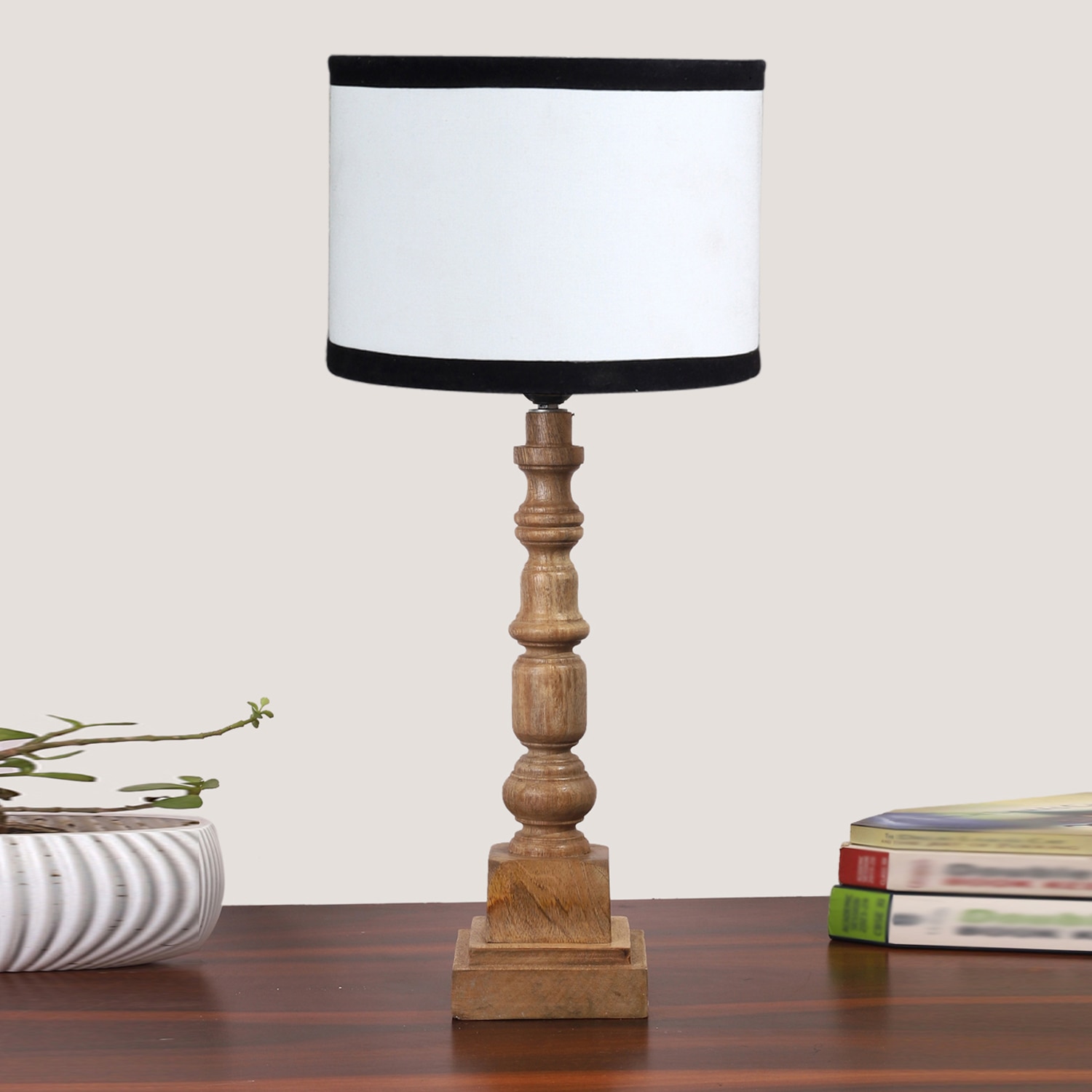 Devansh Multicolor Cotton Table Lamp With  Wood Natural Base (7X7X21.25 Inches)-8