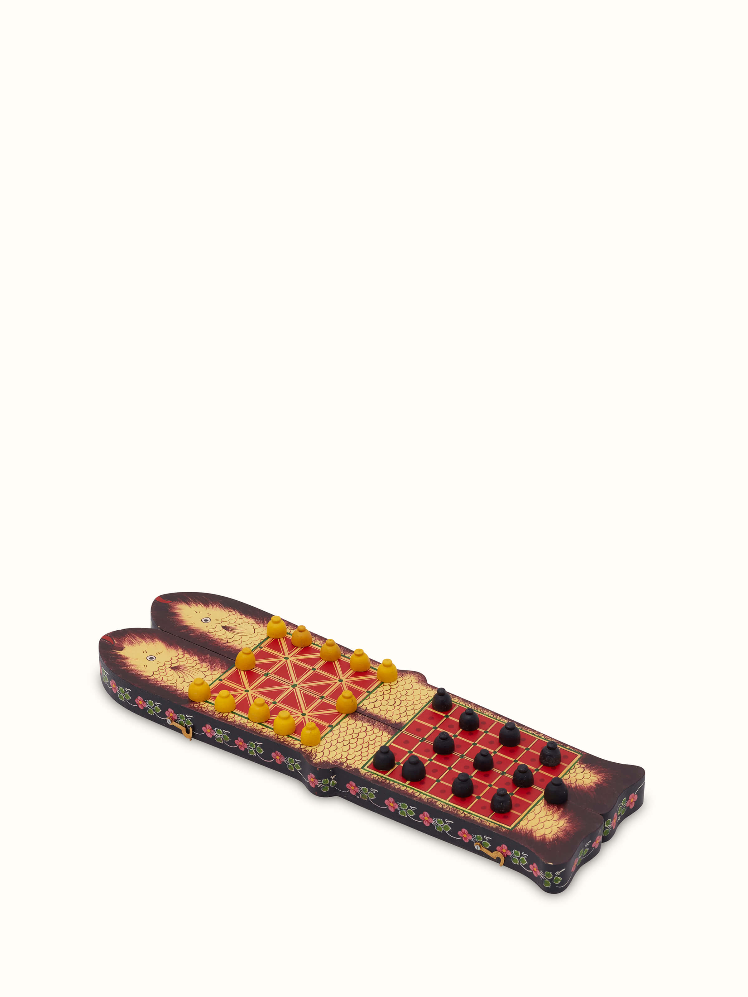 Side view of Ganjifa cedar wood 3-in-1 mancala board game, displaying the multi-game functionality and cedar wood craftsmanship