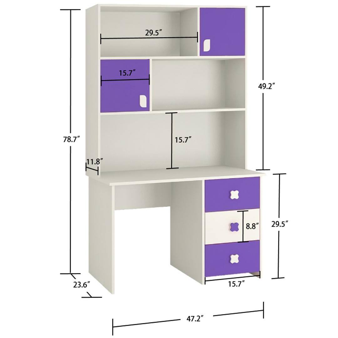 Flora Kids Study Desk cum Bookshelf with Shuttered Cabinets Open Shelves and Drawers in Ivory Lavender Purple Colour