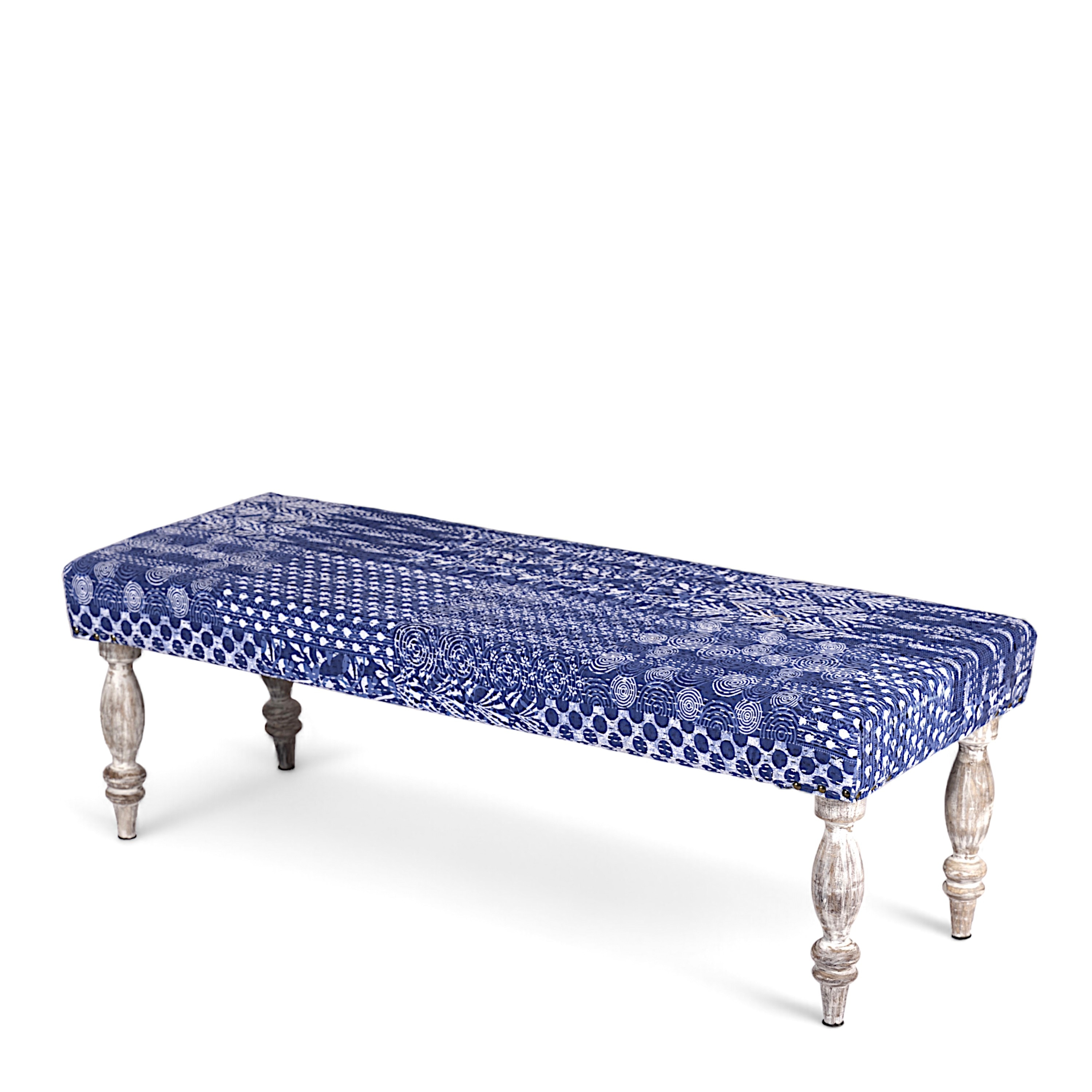 Cairo Solid Wood 2 Seater Bench In Indigo Patch Kantha Fabric
