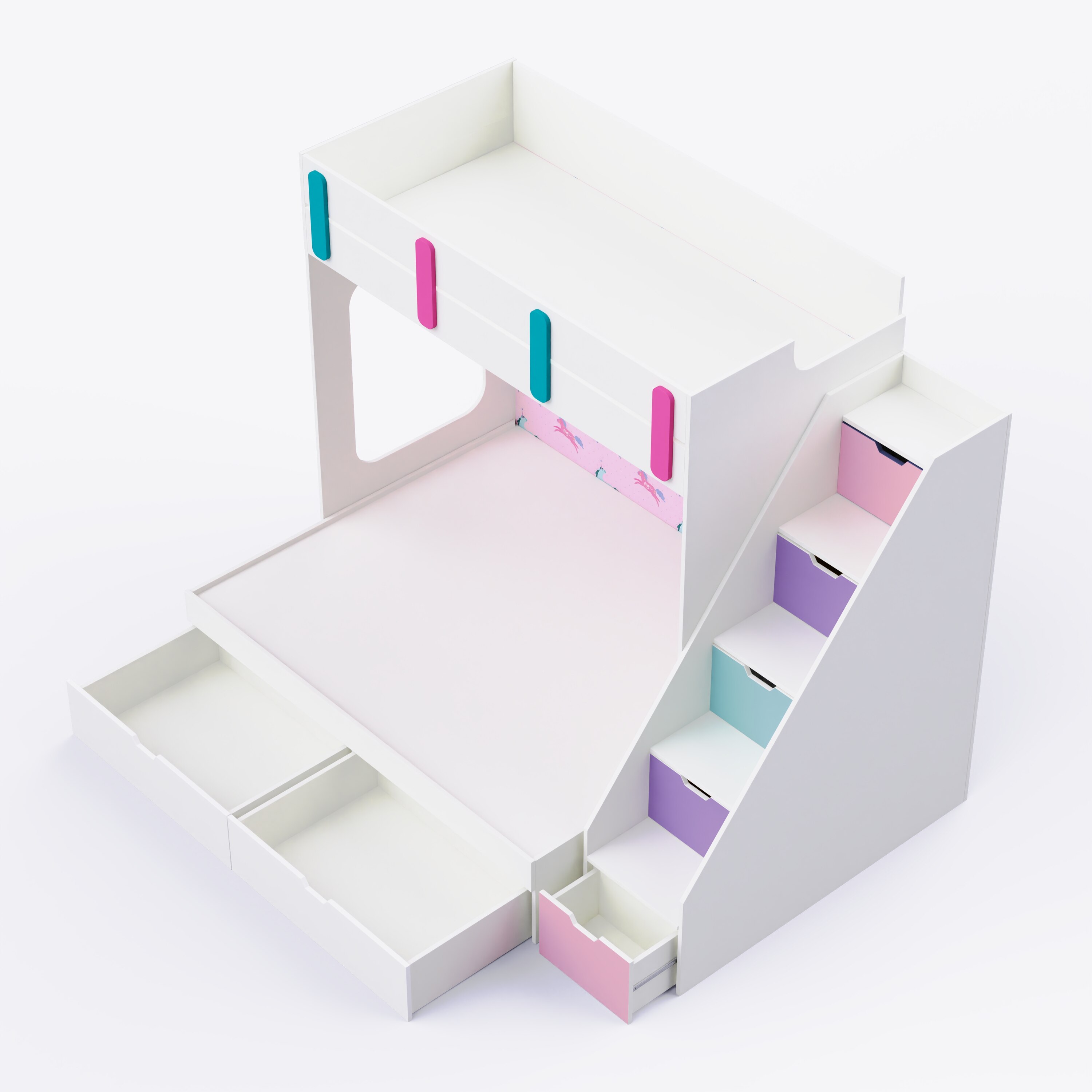 Pattern Dreams Bunk Bed  6X5 (Drawers On Wheels) In White & Pink Colour