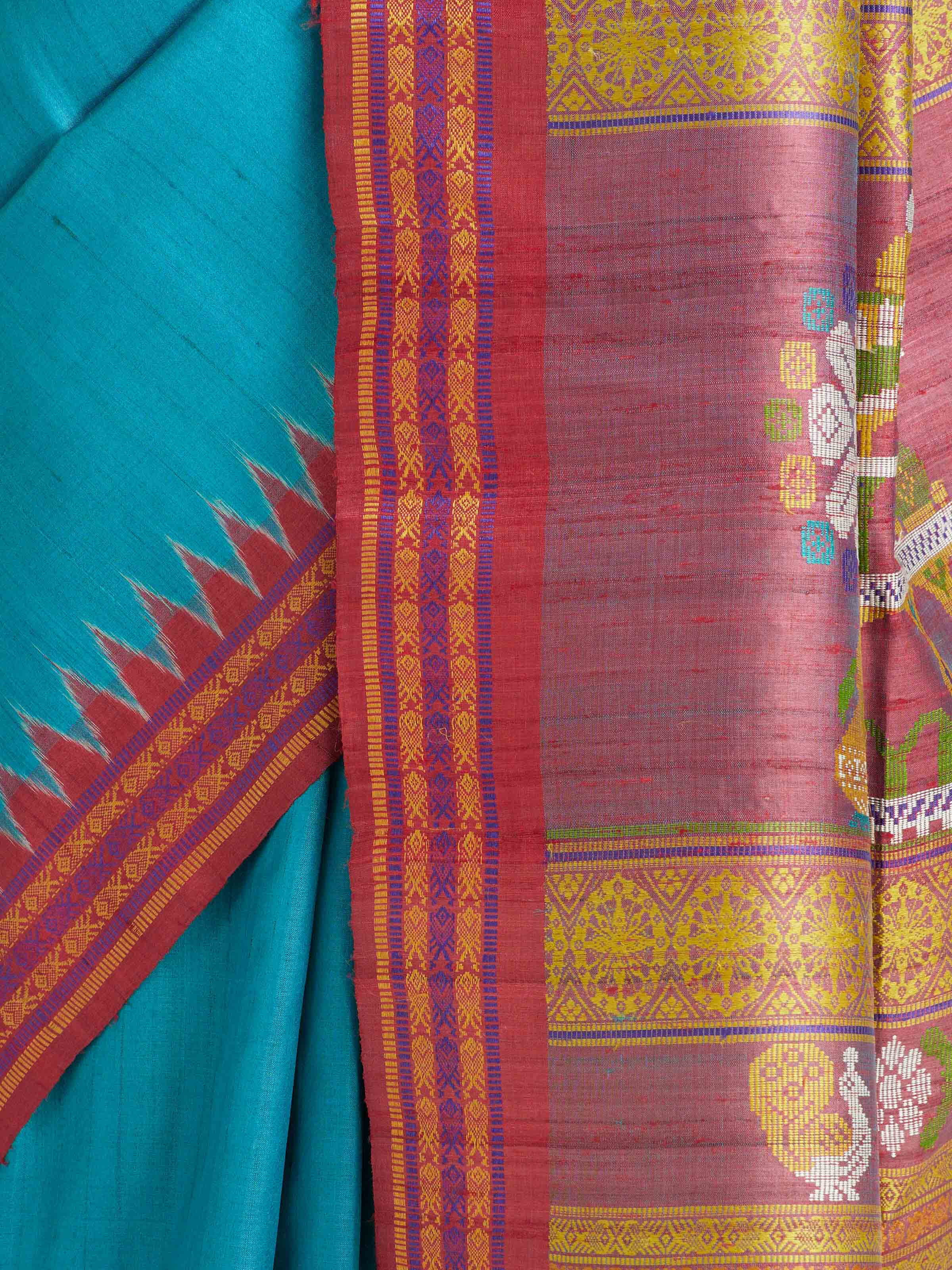 Turquoise Tussar Silk Odisha Ikat Saree