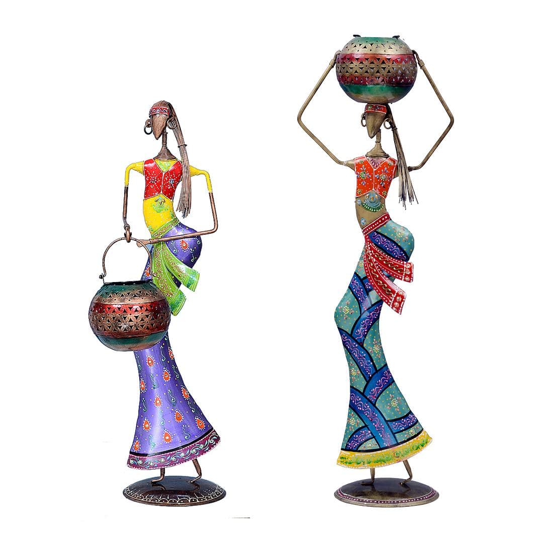 Desert Art Metal Handpainted Lady Figurine with Tealight Holder Set of 2 - Desert Art