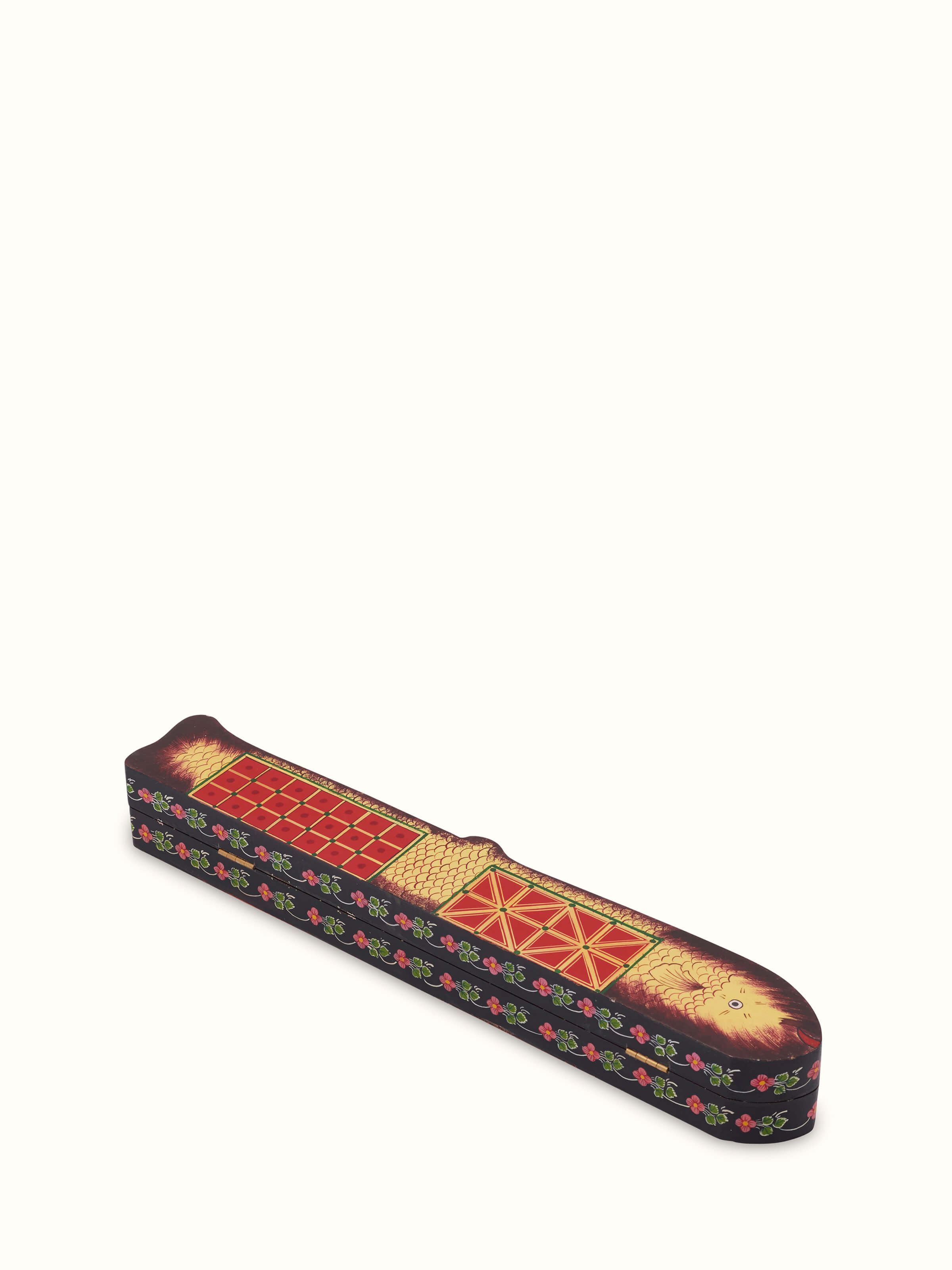 Close-up of Ganjifa cedar wood 3-in-1 mancala board game, showcasing the intricately carved wood and game components