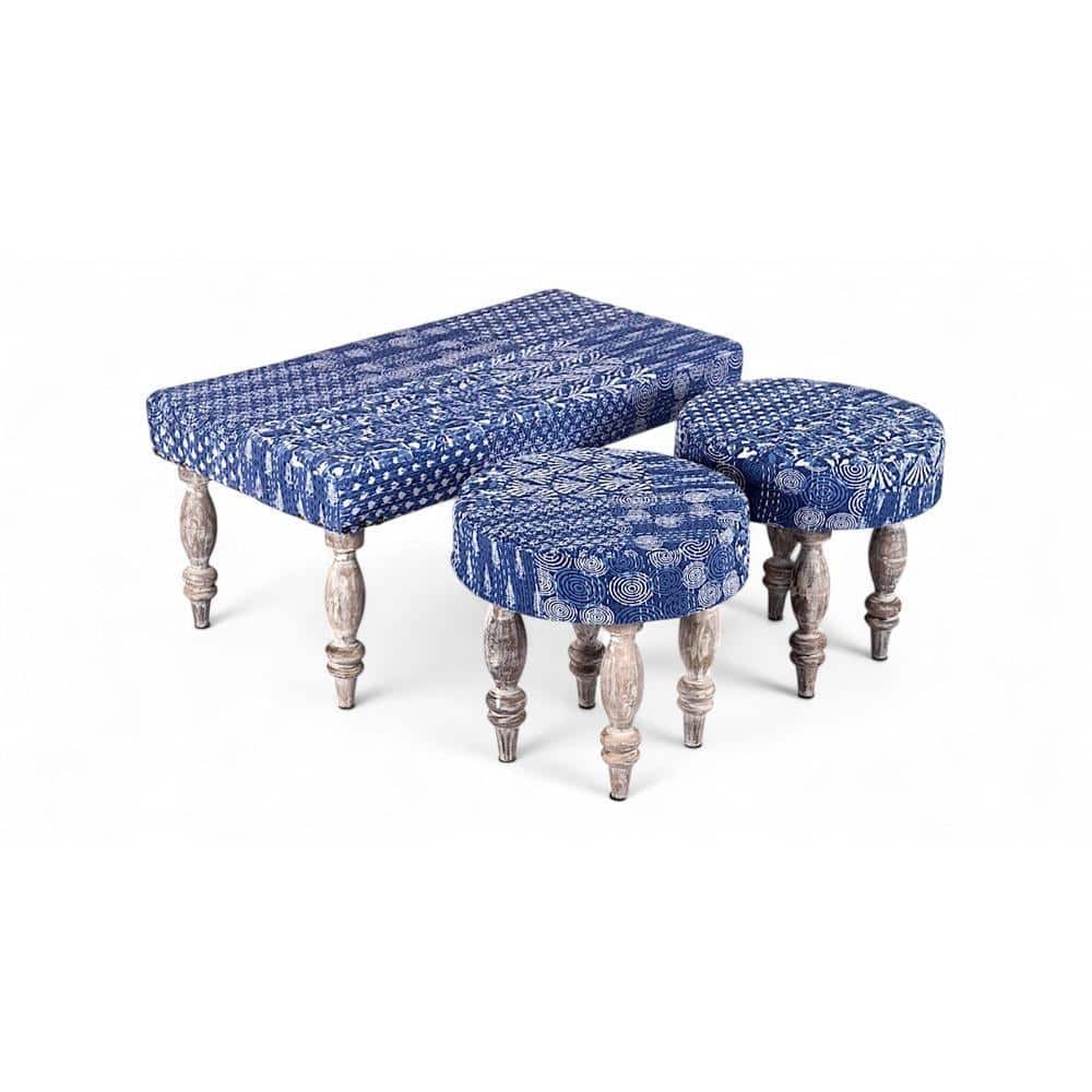 Bestone Sheesham Wood Mid Century Seater Bench Set  2 Stools In Indigo Patchwork Kantha