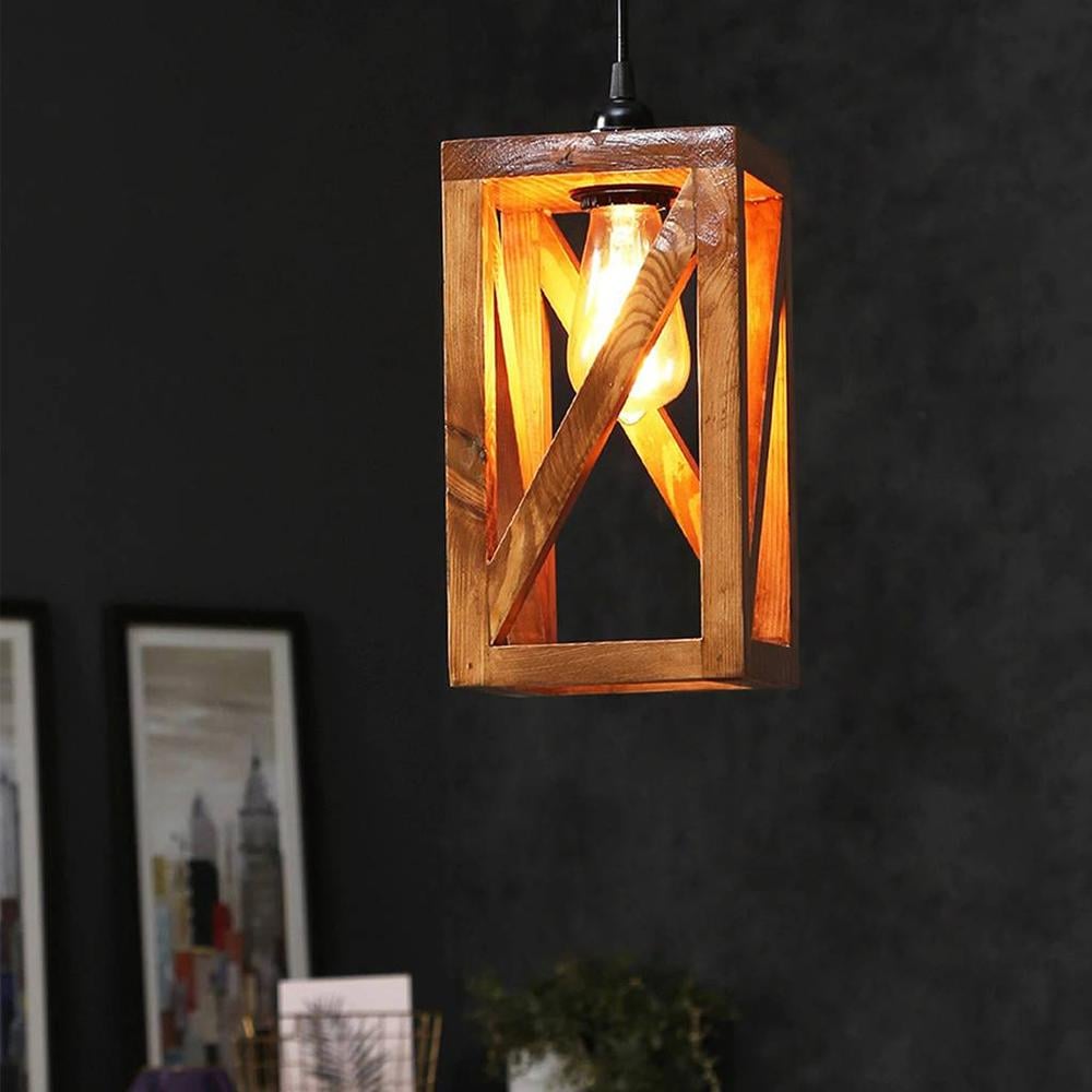 Symmetric Brown Solid Wood Single Hanging Light