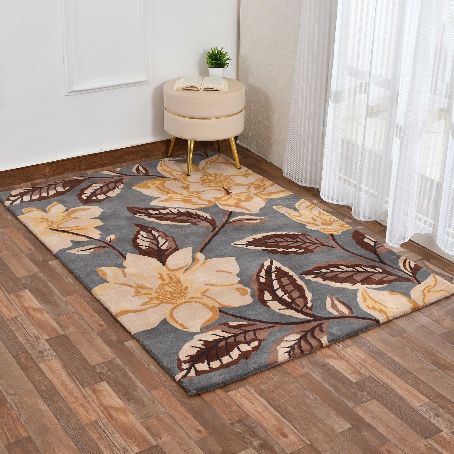 Presto Grey Floral Hand Tufted Wool Carpet 4X6 Feet - Presto