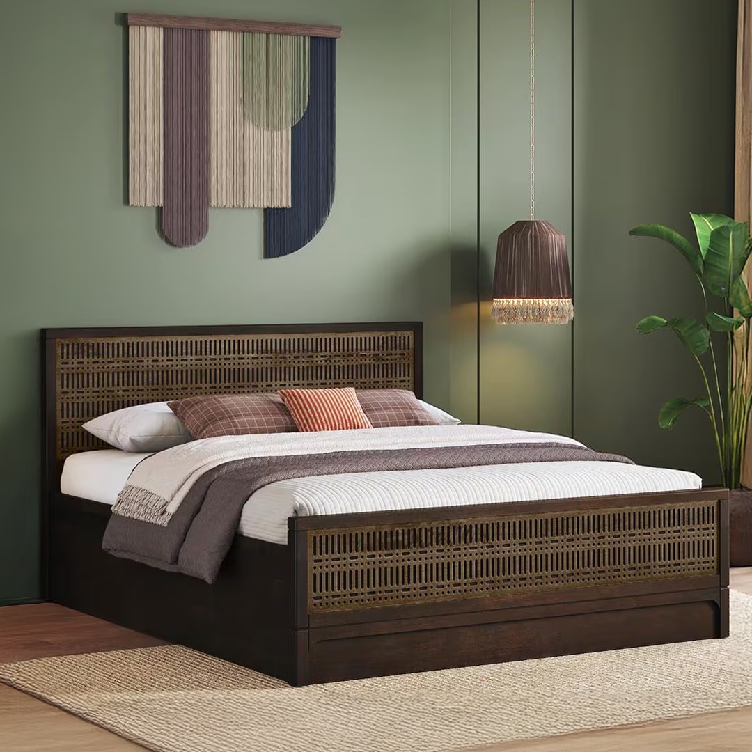 Masai Solid Wood King Size Hydraulicstorage Bed In American Walnut 2 Tone Finish