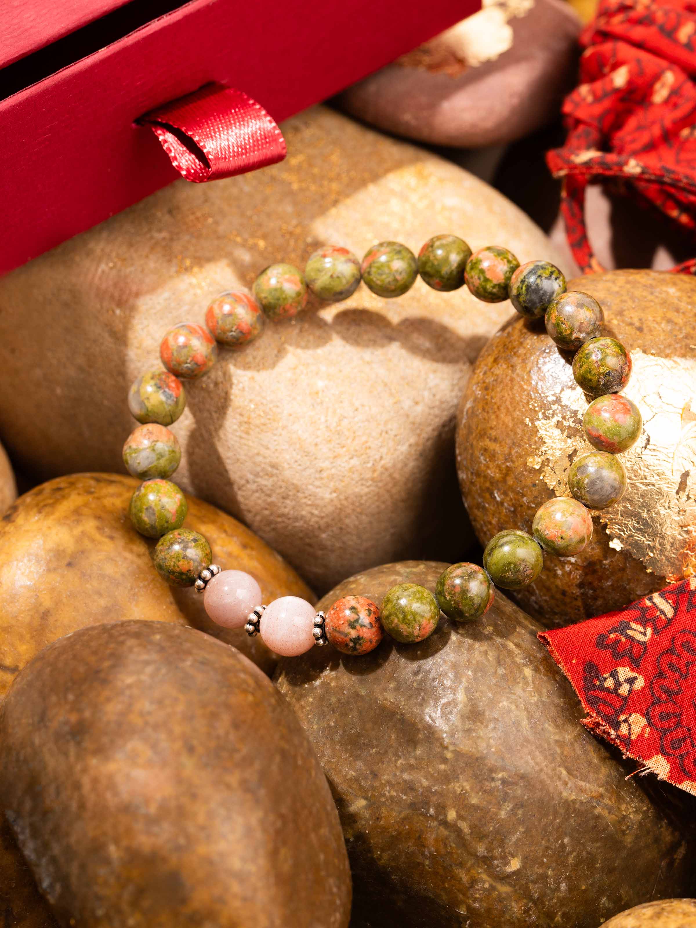 Detailed image of Unakite & Peach Moonstone Silver Bracelet displaying the polished finish and handmade silver settings
