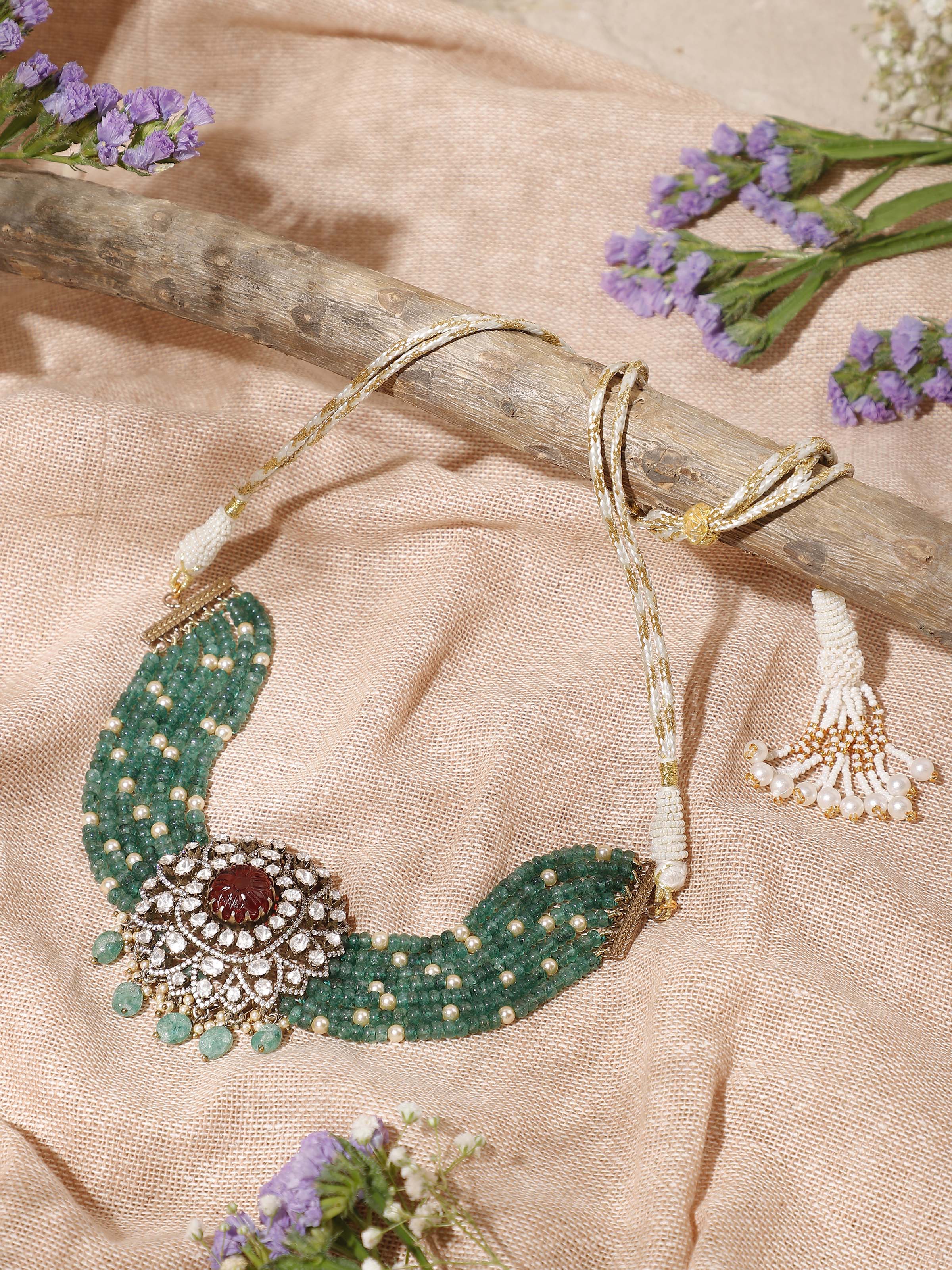 Dank Polki silver choker necklace worn on neck – Swadesh