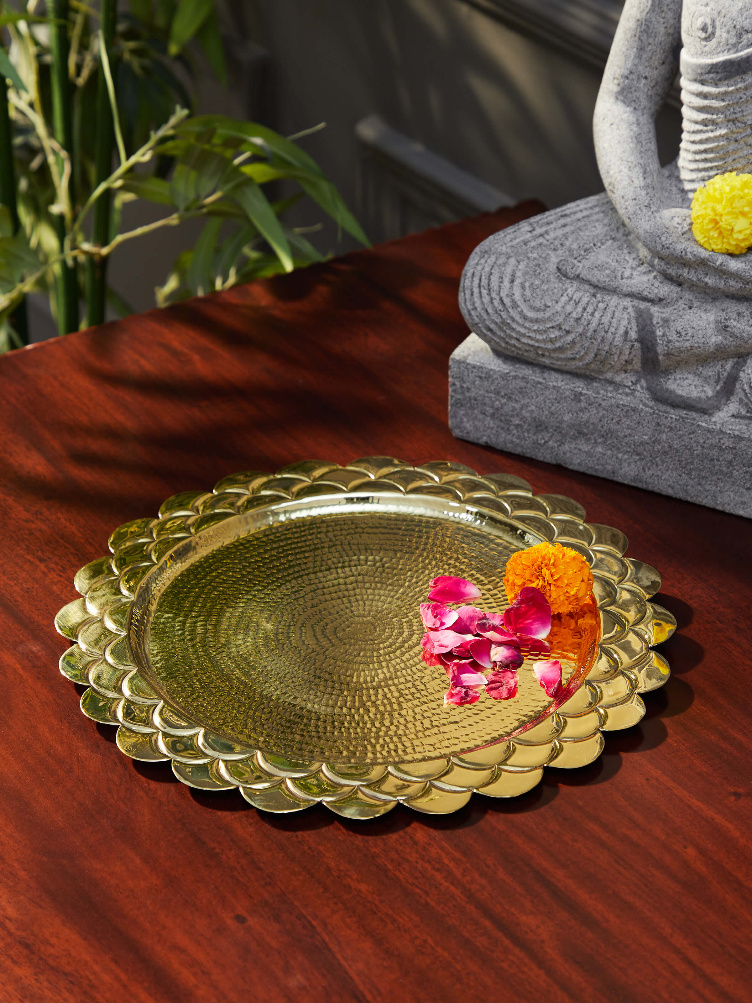 Side view of Polished Brass Thathera Pooja Thali by Swadesh, emphasizing the smooth brass surface and detailed engravings.
