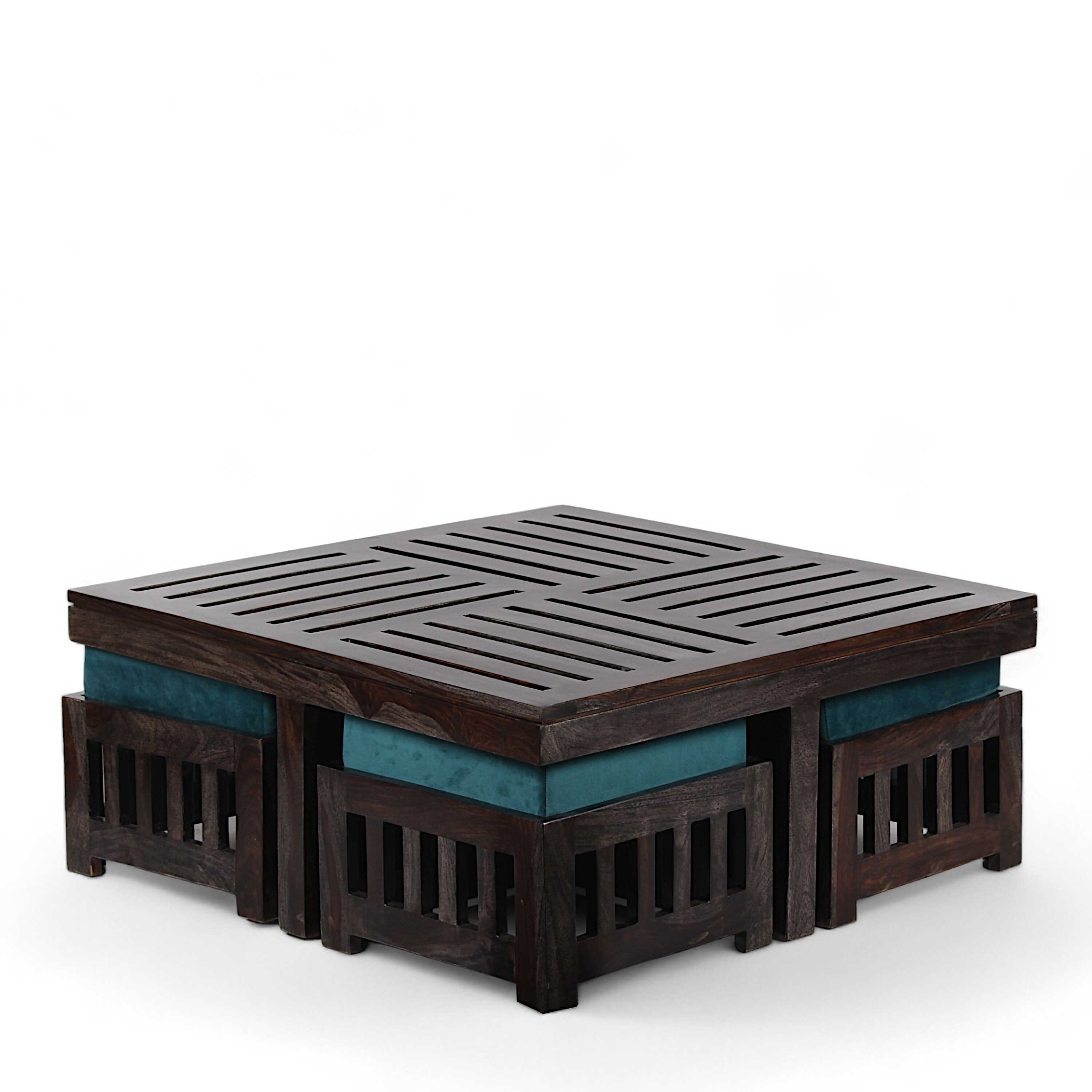 Palladio Sheesham Wood Coffee Table With 4 Stools Set In Mahogany Finish & Turquoise Sea Velvet Fabric Cushions