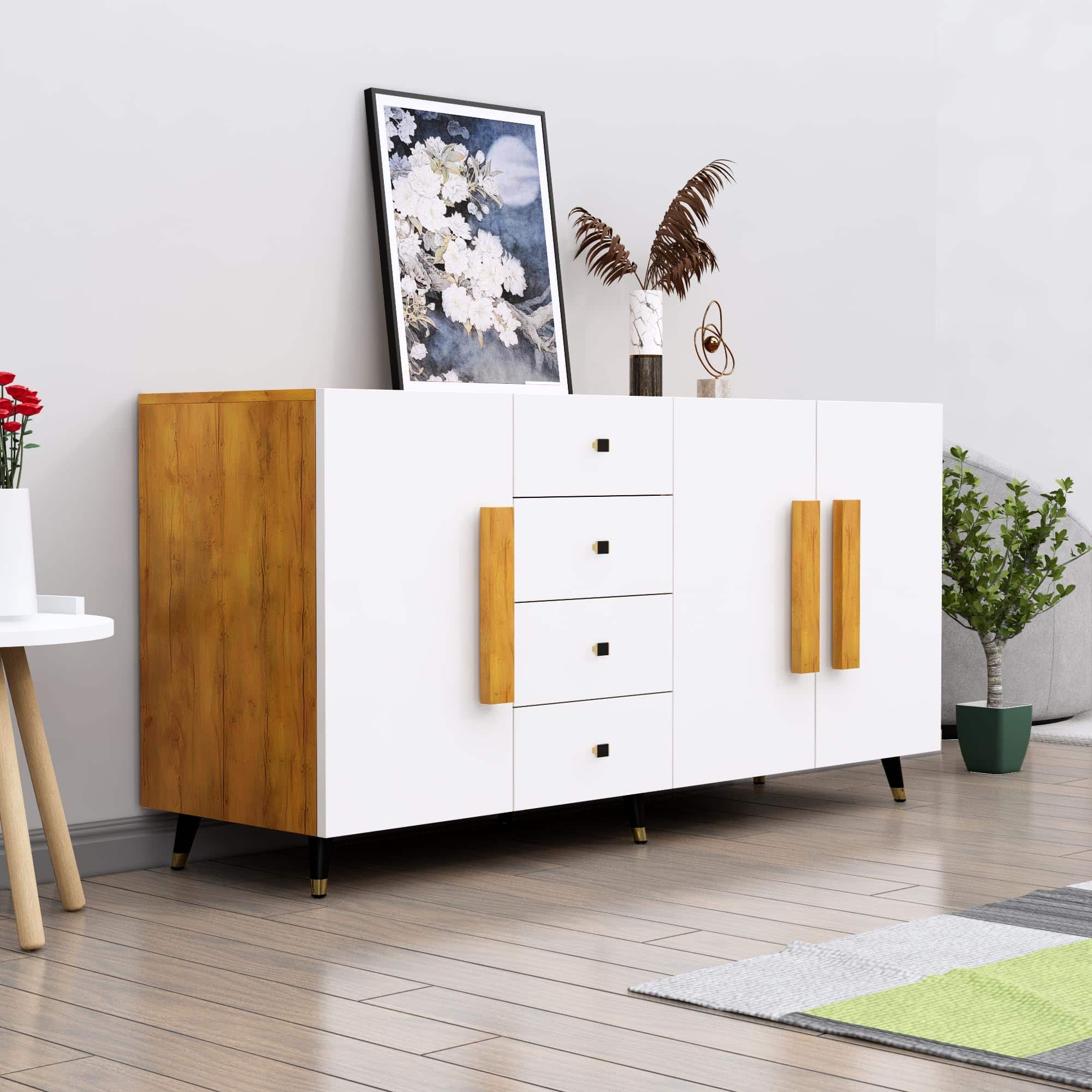 Hexa Red Multipurpose Storage Cabinet With 4 Drawer 3 Door in Giant Wood And Frosty White Colour - HexaRed