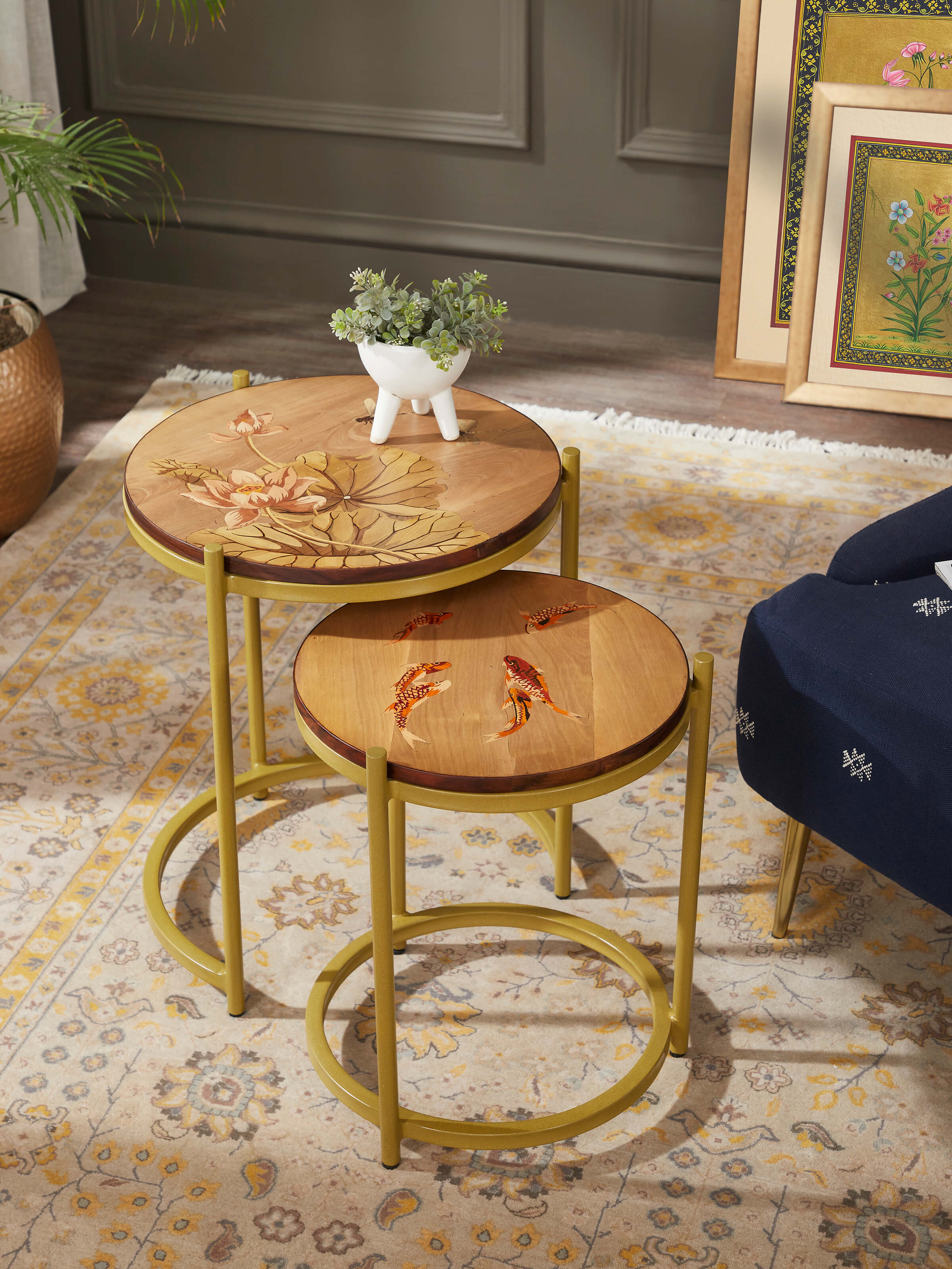 Lifestyle view of Aluminium Marquetry Nesting Table
