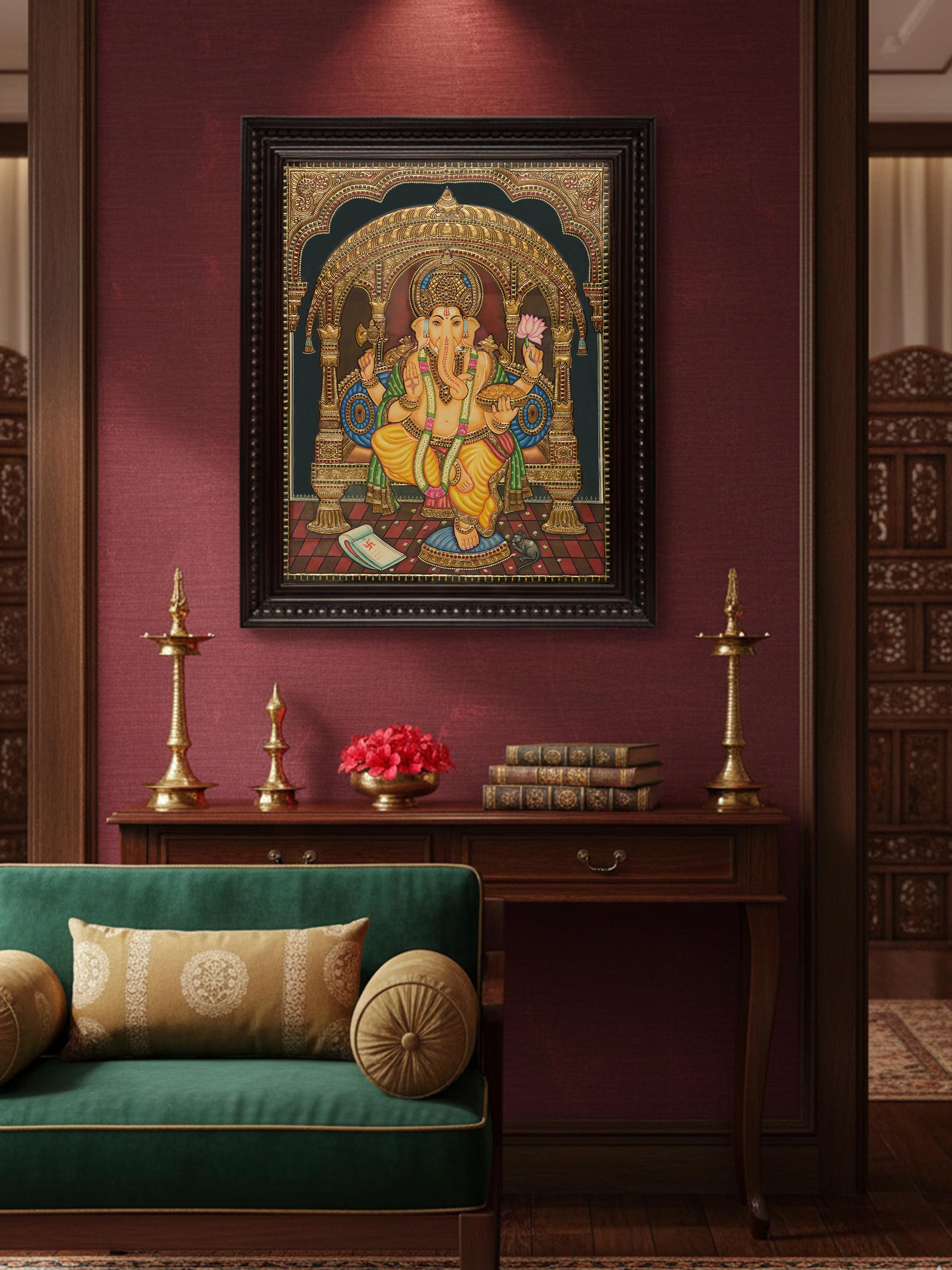 Ganesha Thanjavur Teak Wood Painting