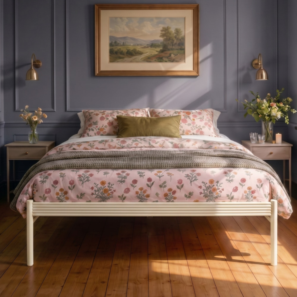 Pinner Metal Non Storage King Bed in Glossy Ivory Finish - Original Bed Co.