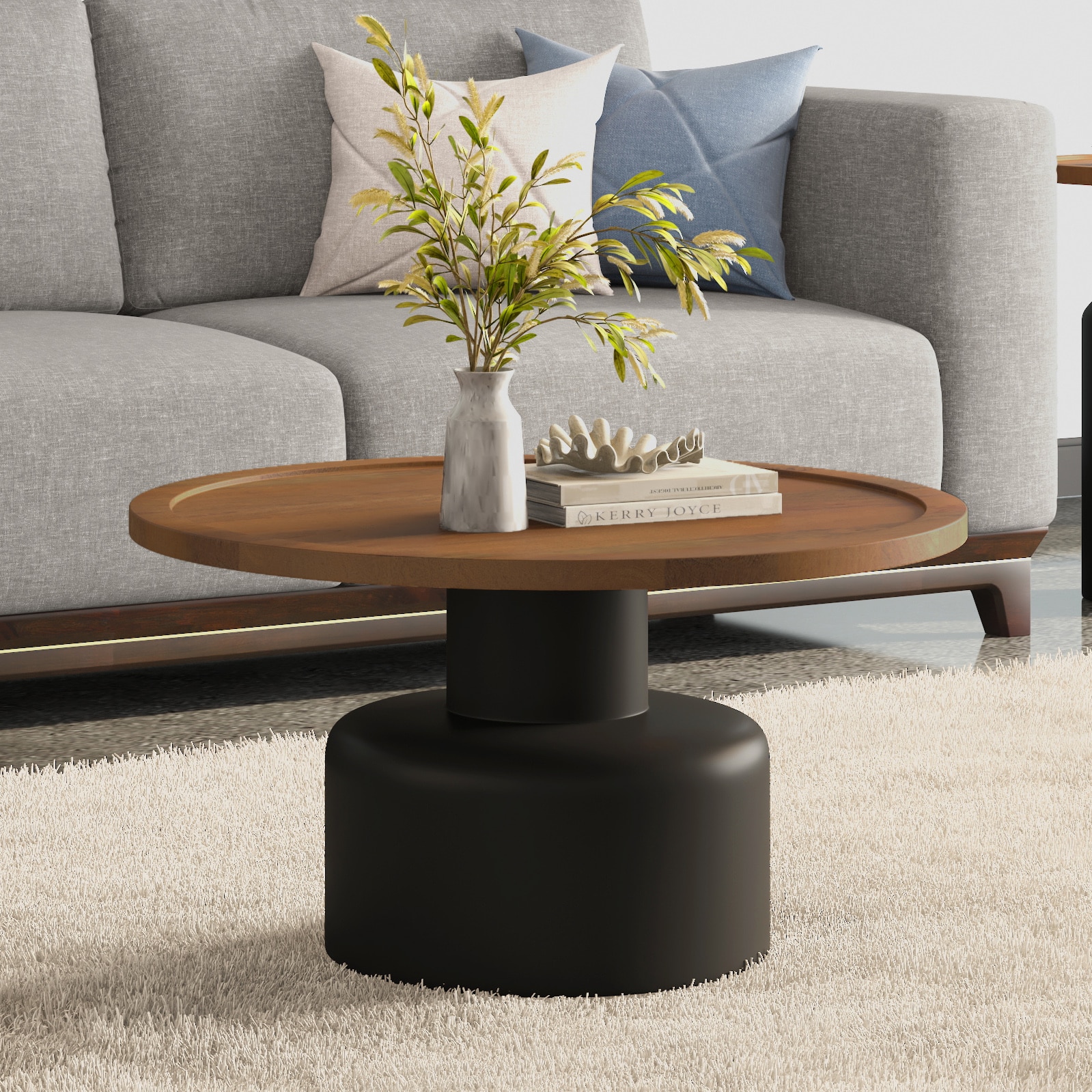 Toro Solid Wood Round Coffee Table In Dual Tone Amber Walnut And Black Finish