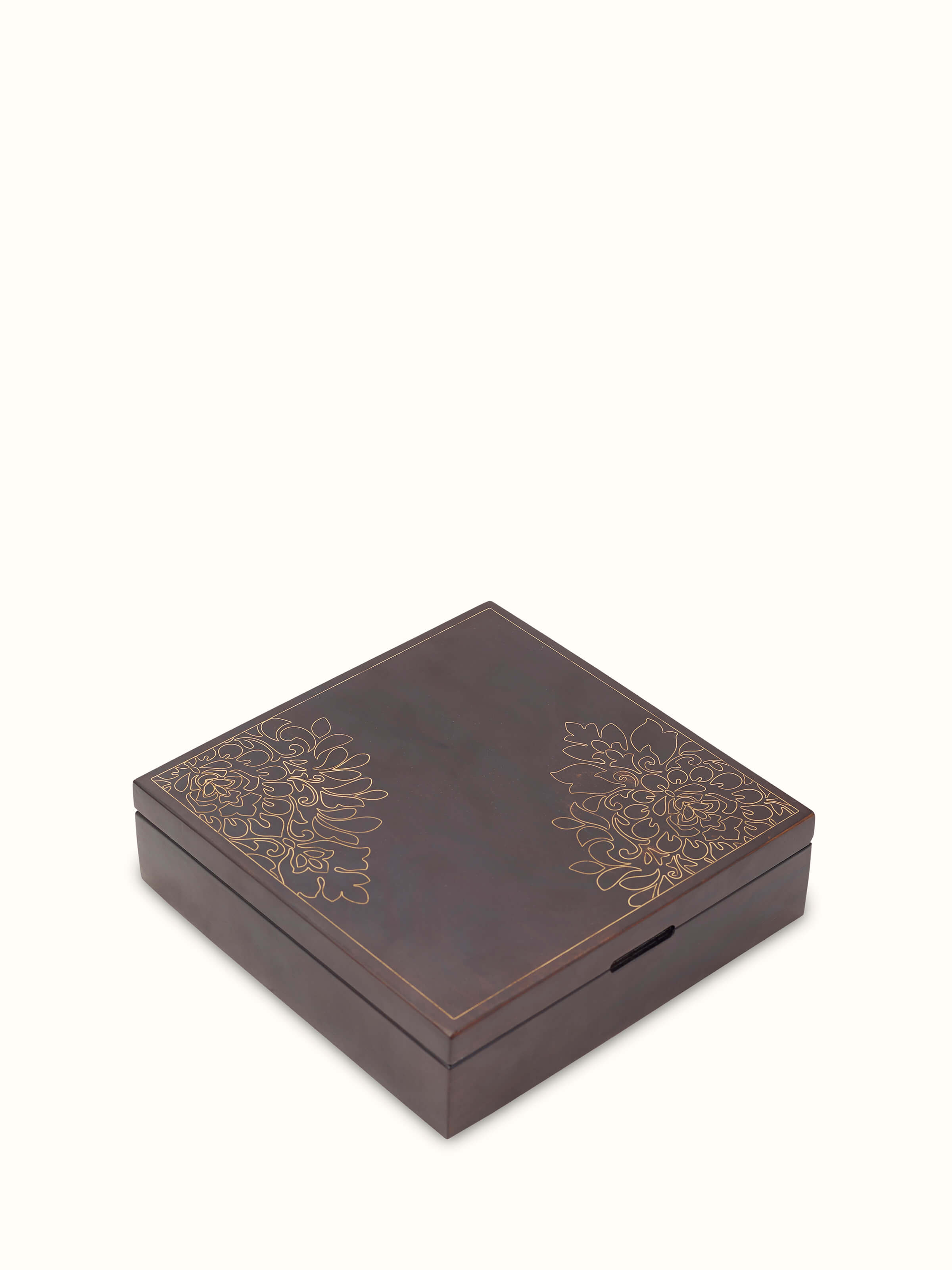 Close-up view of Tarkashi Sheesham Wood & Brass Trinket Boxes, focusing on the intricate brass inlays and wood texture