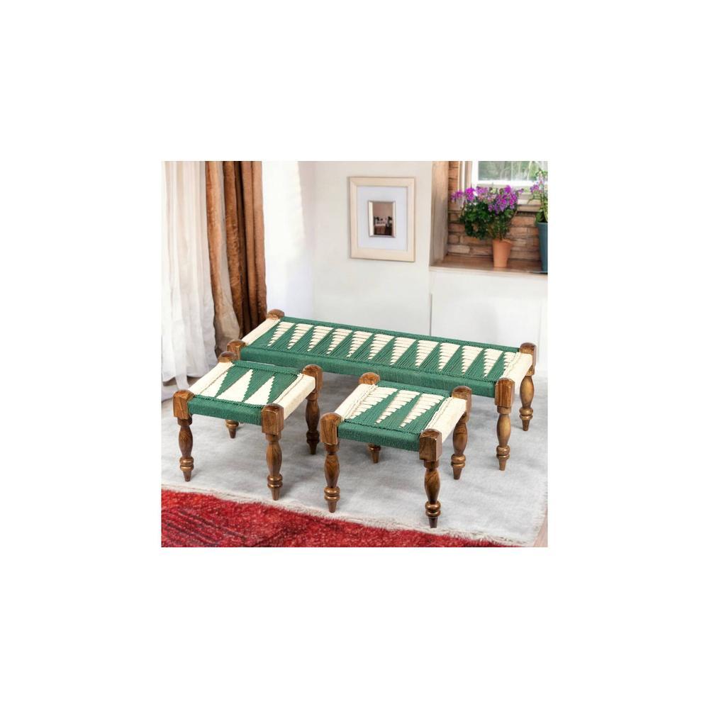 Hamilton Sheesham Wood Maachi Bench Set With 2 Stools In Green & White Rope Canning