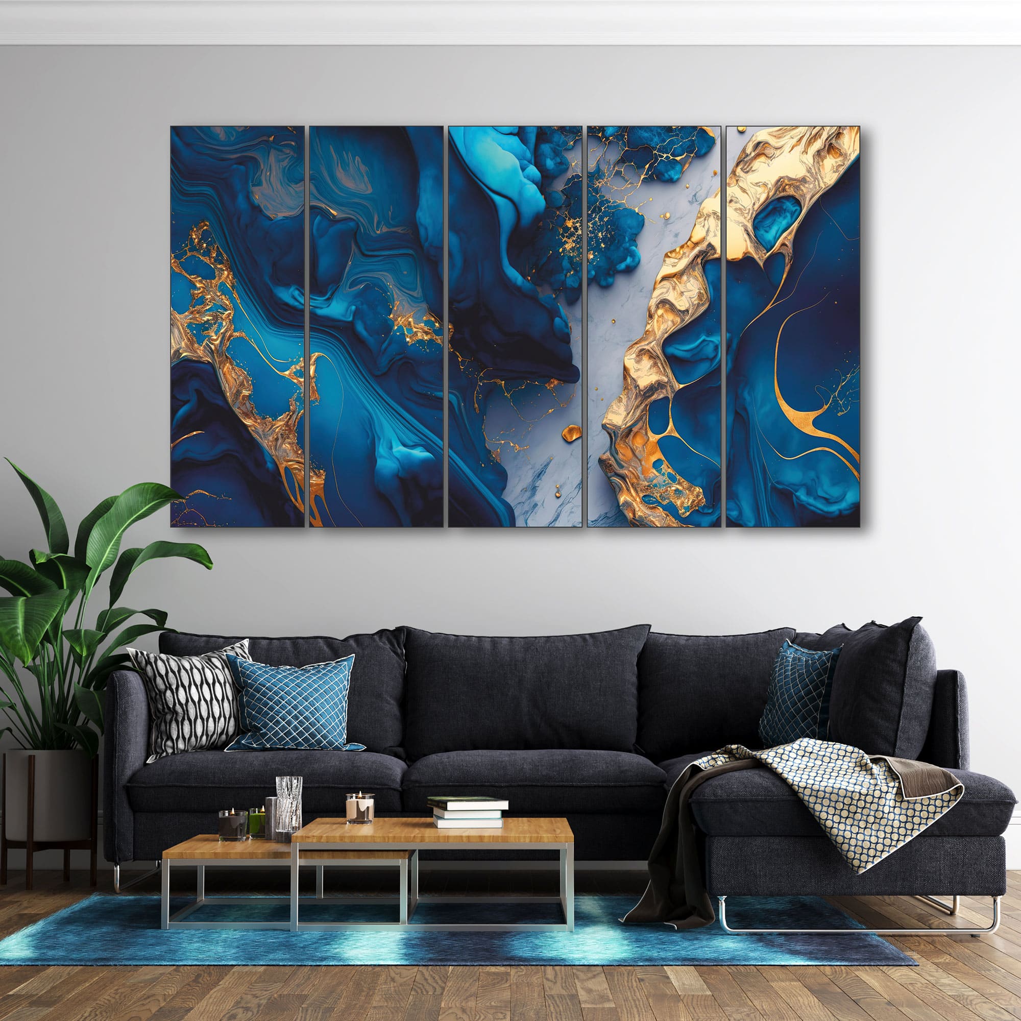 The Castle Decor Blue Gold Sparkle Wall Art Set of 5 27x48 Inch - The Castle Decor