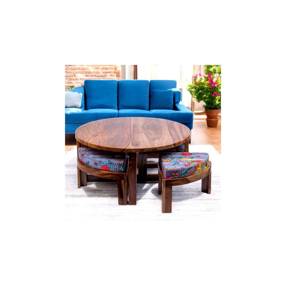 Nashville Sheesham Wood 4 Seater Coffee Table Set In Teak Finish Bird Print Grey Kantha Cushion