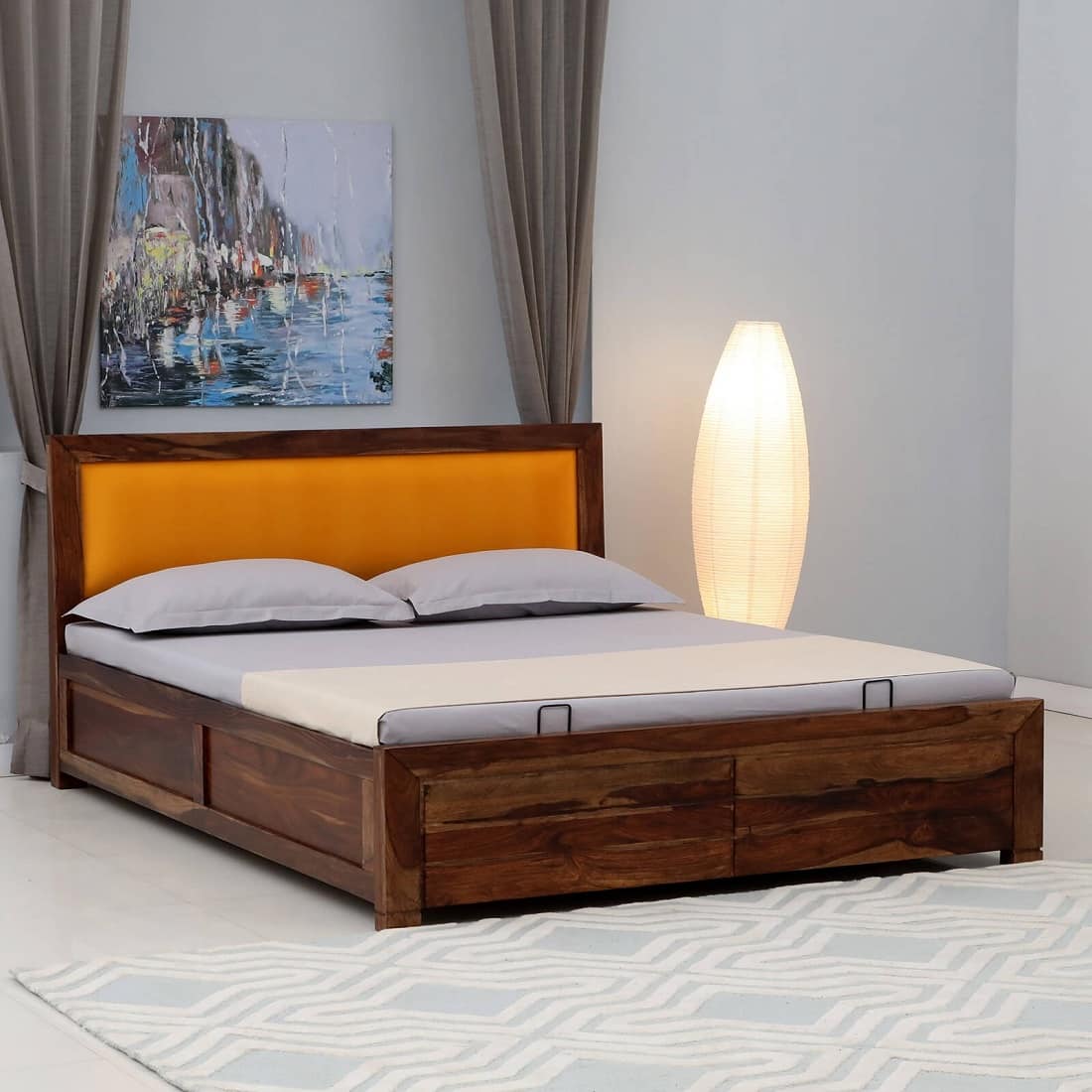 Melba Solid Sheesham Wood  King Size Hydrolic Storage Upholstered  Bed In Provincial Teak Finish - Demiwall