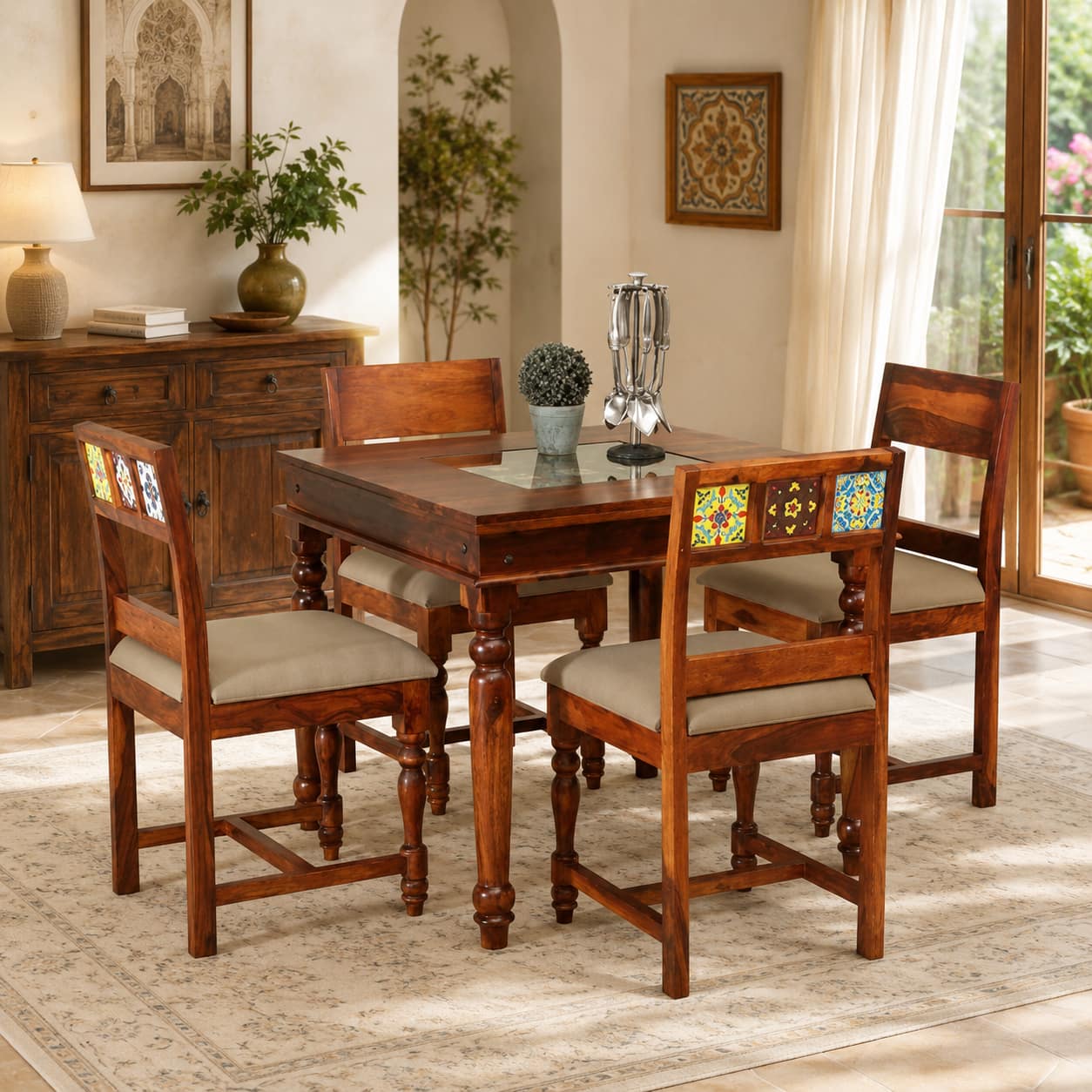 Rangrez Sheesham Wood 4 Seater Dining Set in Honey Oak Finish with Cushioned Chairs - Woodenmood