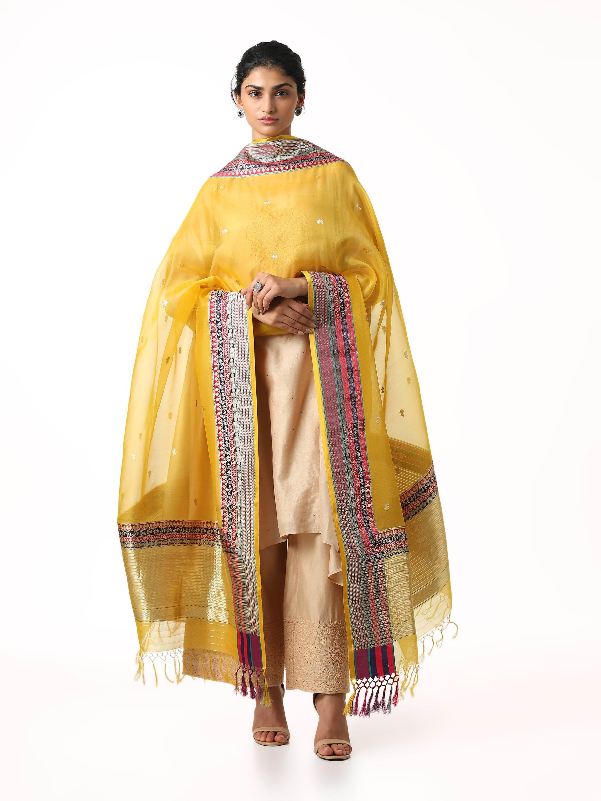 Yellow Banarasi silk dupatta with intricate zari weaving