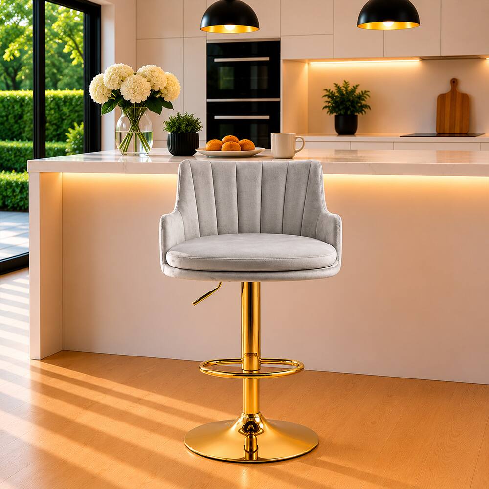 Doe Buck Oliver Adjustable Velvet Bar Stool in Grey Colour with Gold Base - Doe Buck